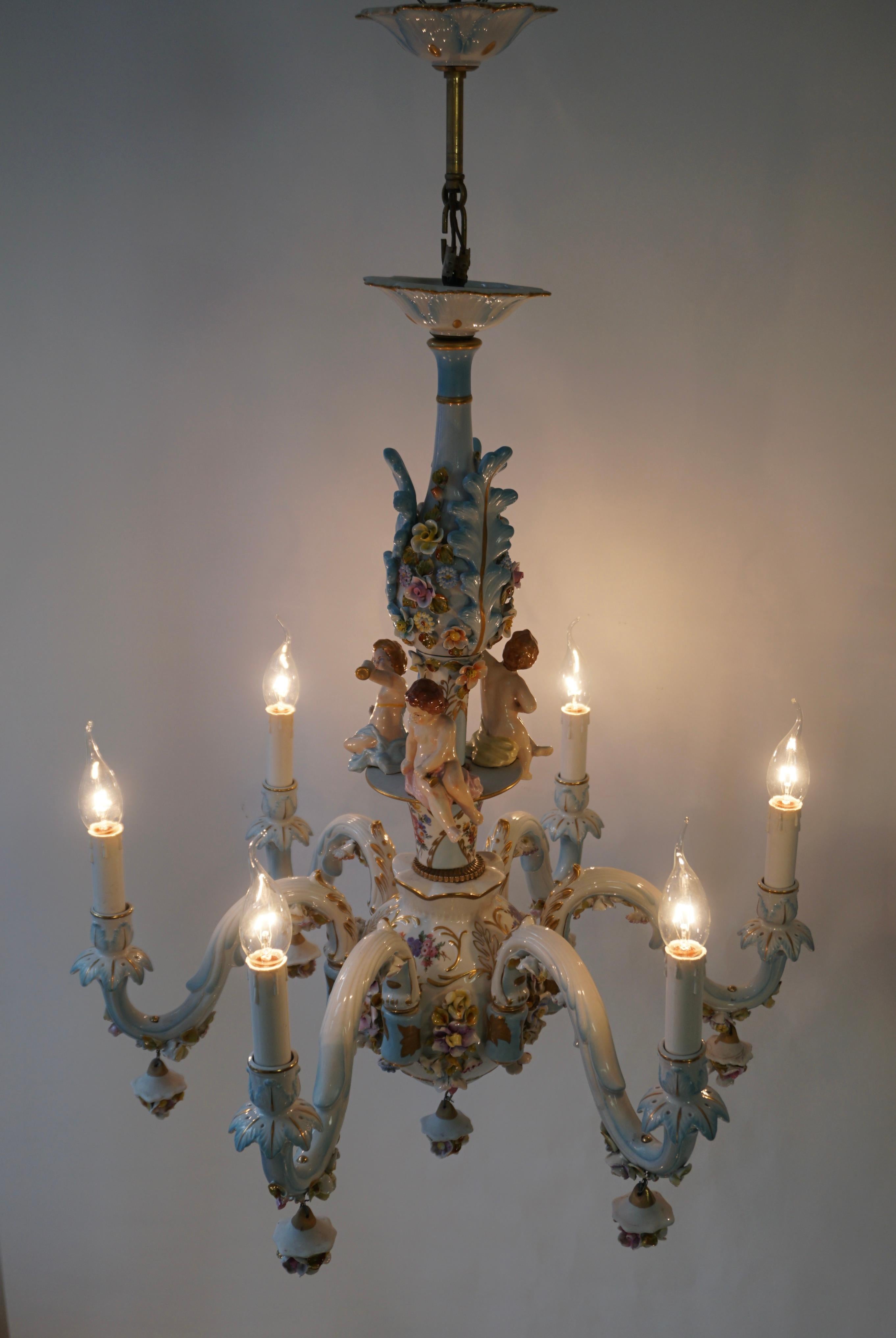 Painted Capodimonte Chandelier, Italy, 1960s For Sale