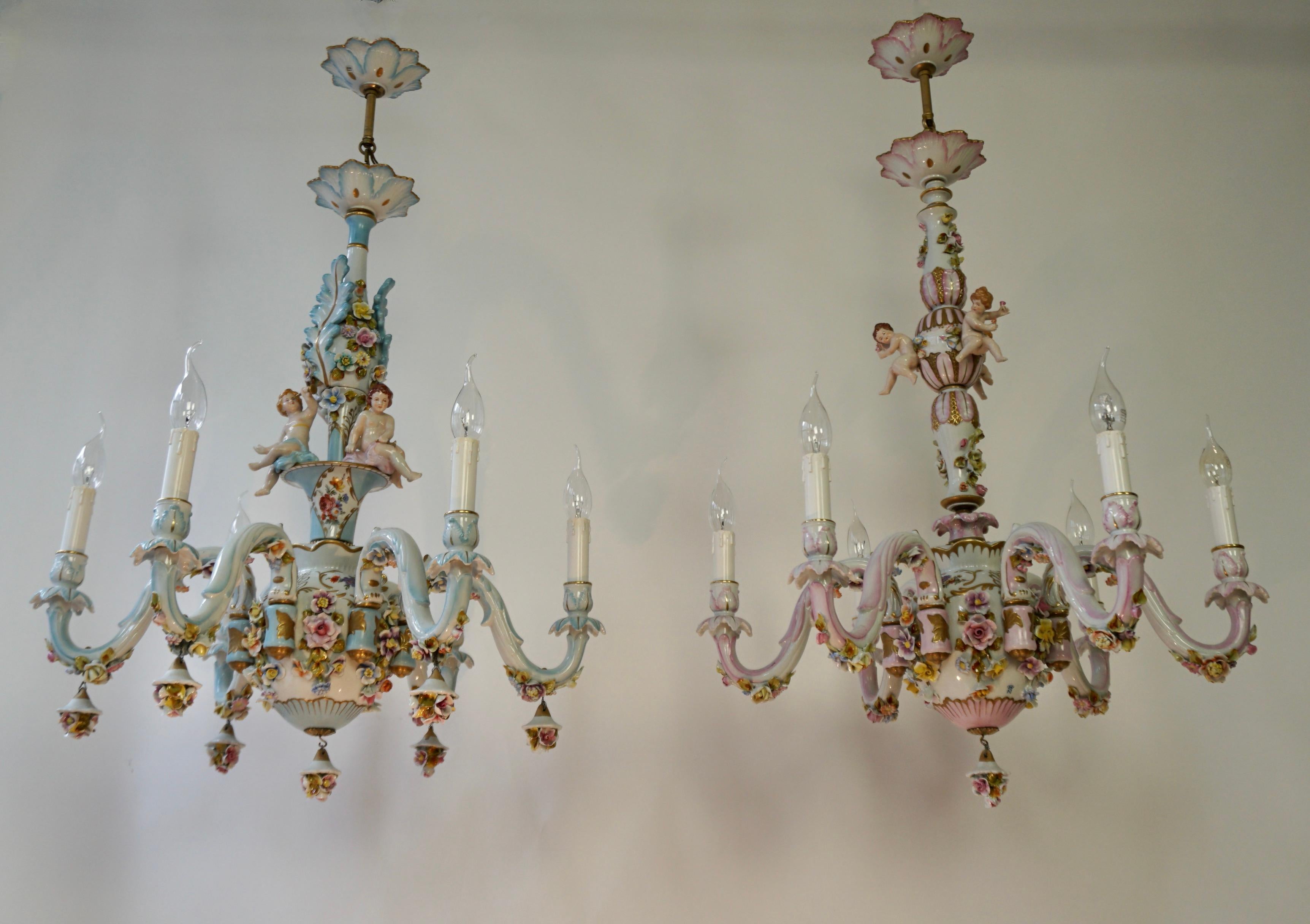 Gilt Capodimonte Chandelier, Italy, 1960s For Sale