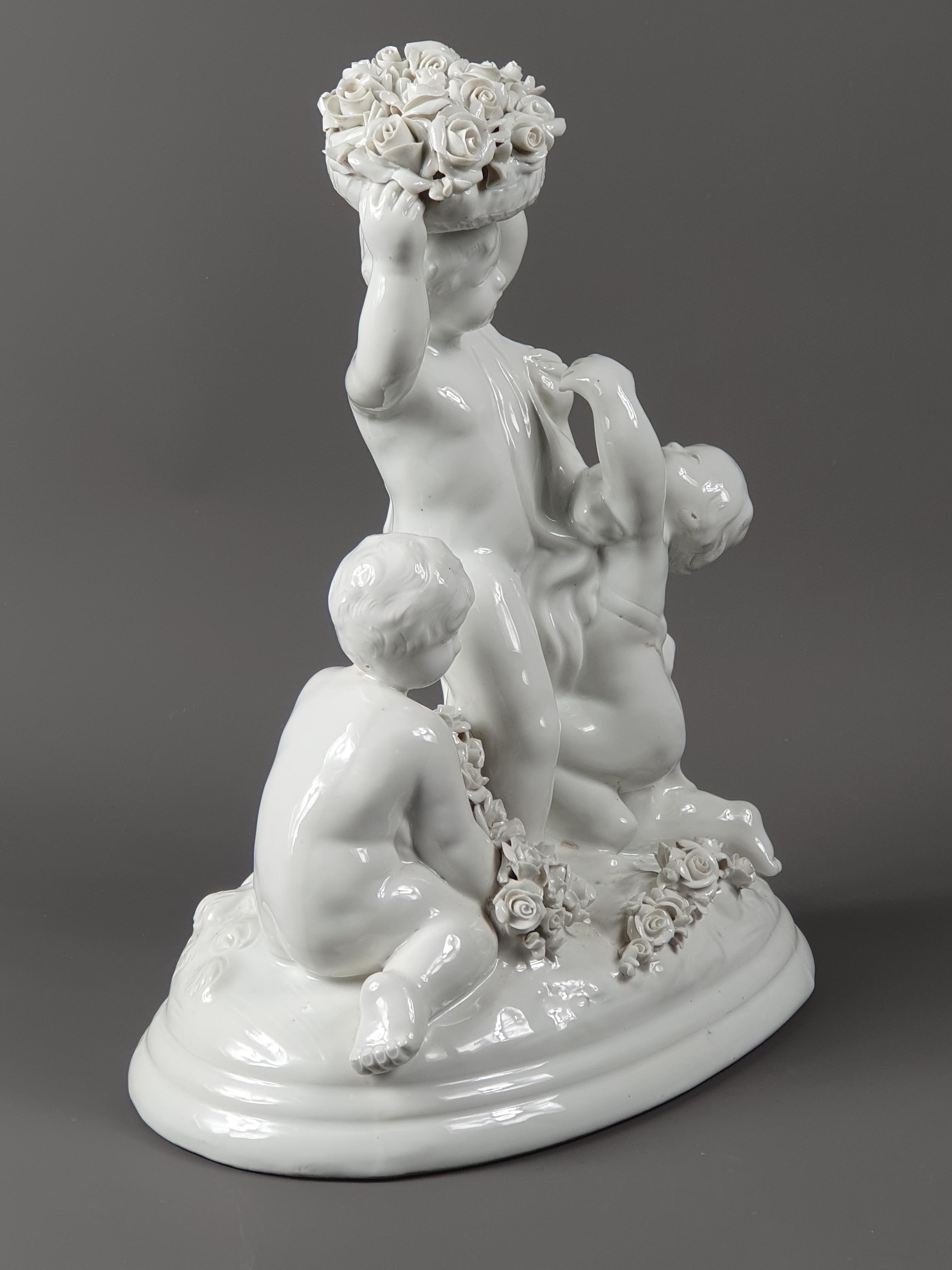 French Capodimonte, Enamelled Porcelain Group, Putti with Flowers After Badessi For Sale