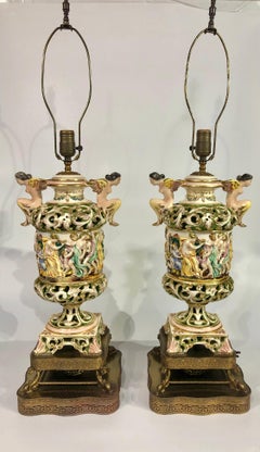 Capodimonte Figurative Ceramic Lamps with Bacchanal Scene
