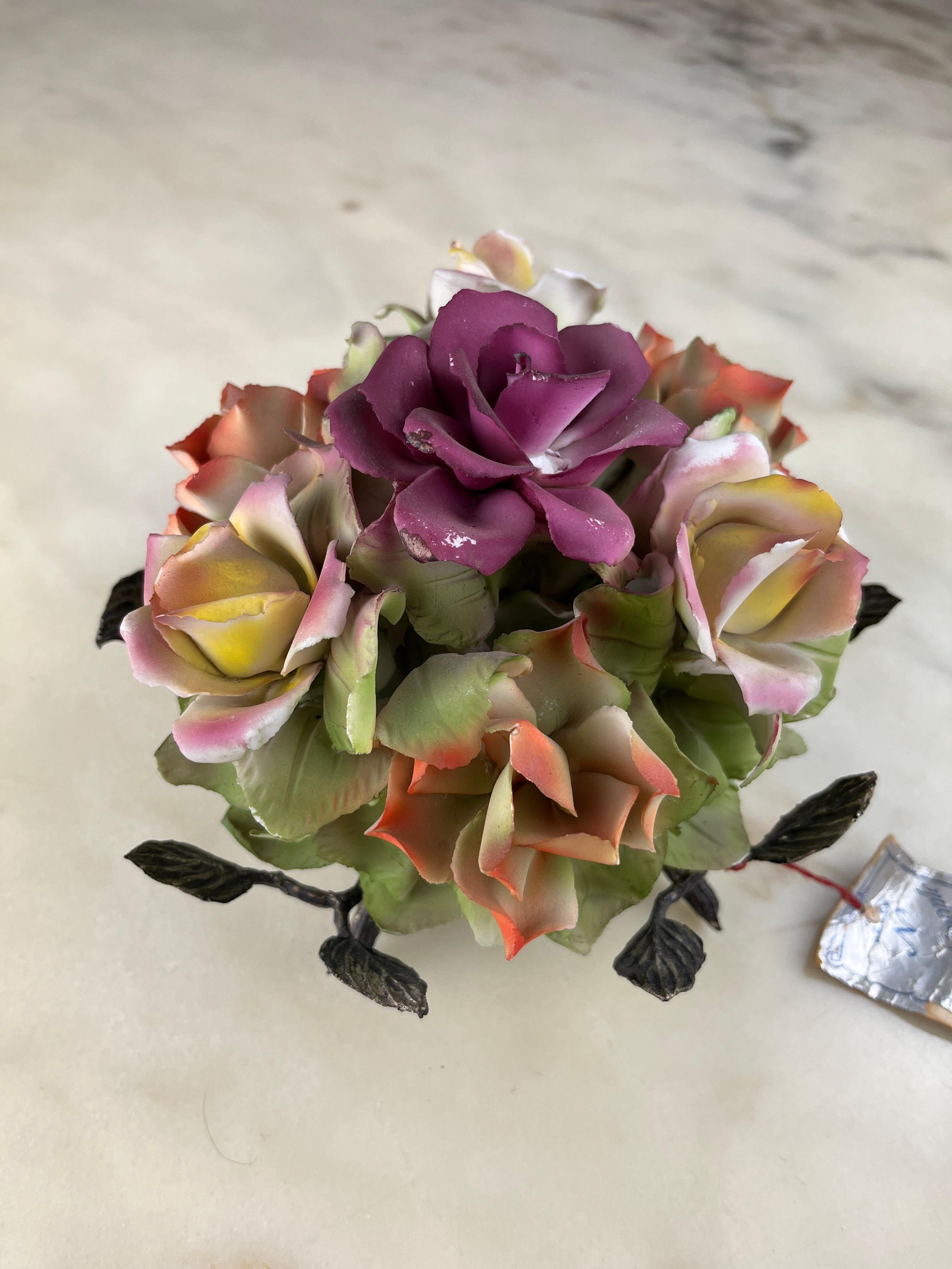 Capodimonte Flower Basket, Italy, 1960s.
It has a metal base.
It has imperceptible shortcomings and slight discolourations but, overall, in good condition. Wedding gift from my grandparents.