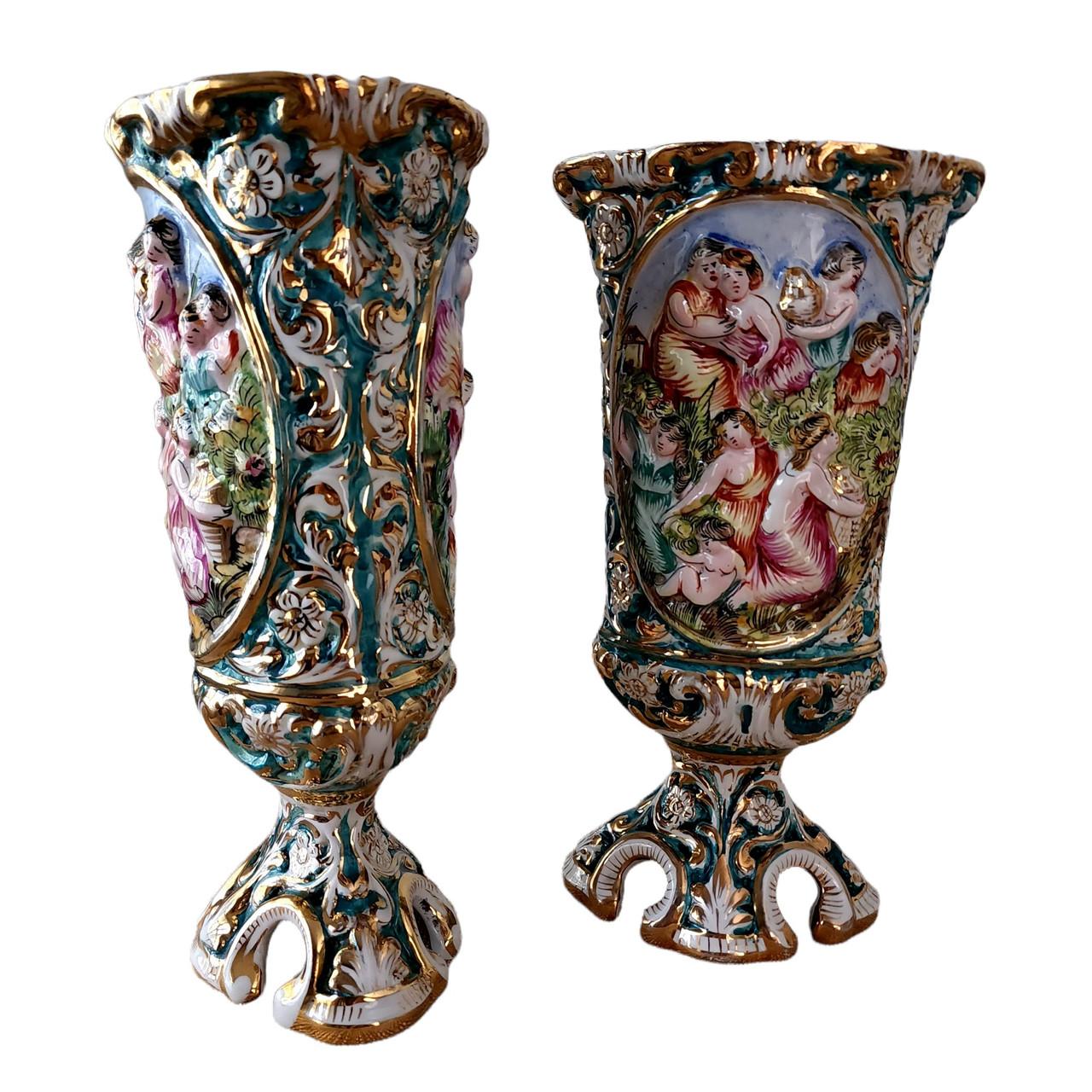 Gray Capodimonte Late 19th Century Porcelain Pedestal Base Vase Pair For Sale