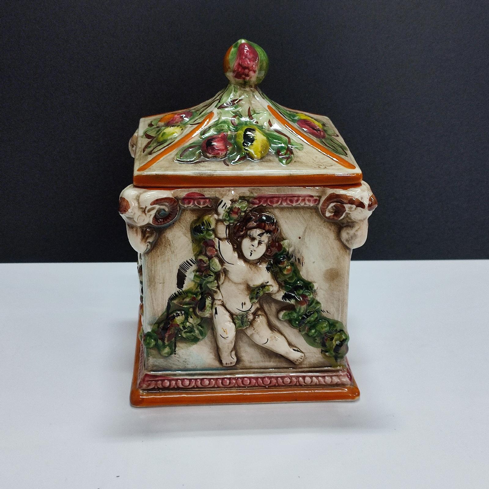 Porcelain Capodimonte Lidded Jar Four Seasons Cherubs Decor For Sale
