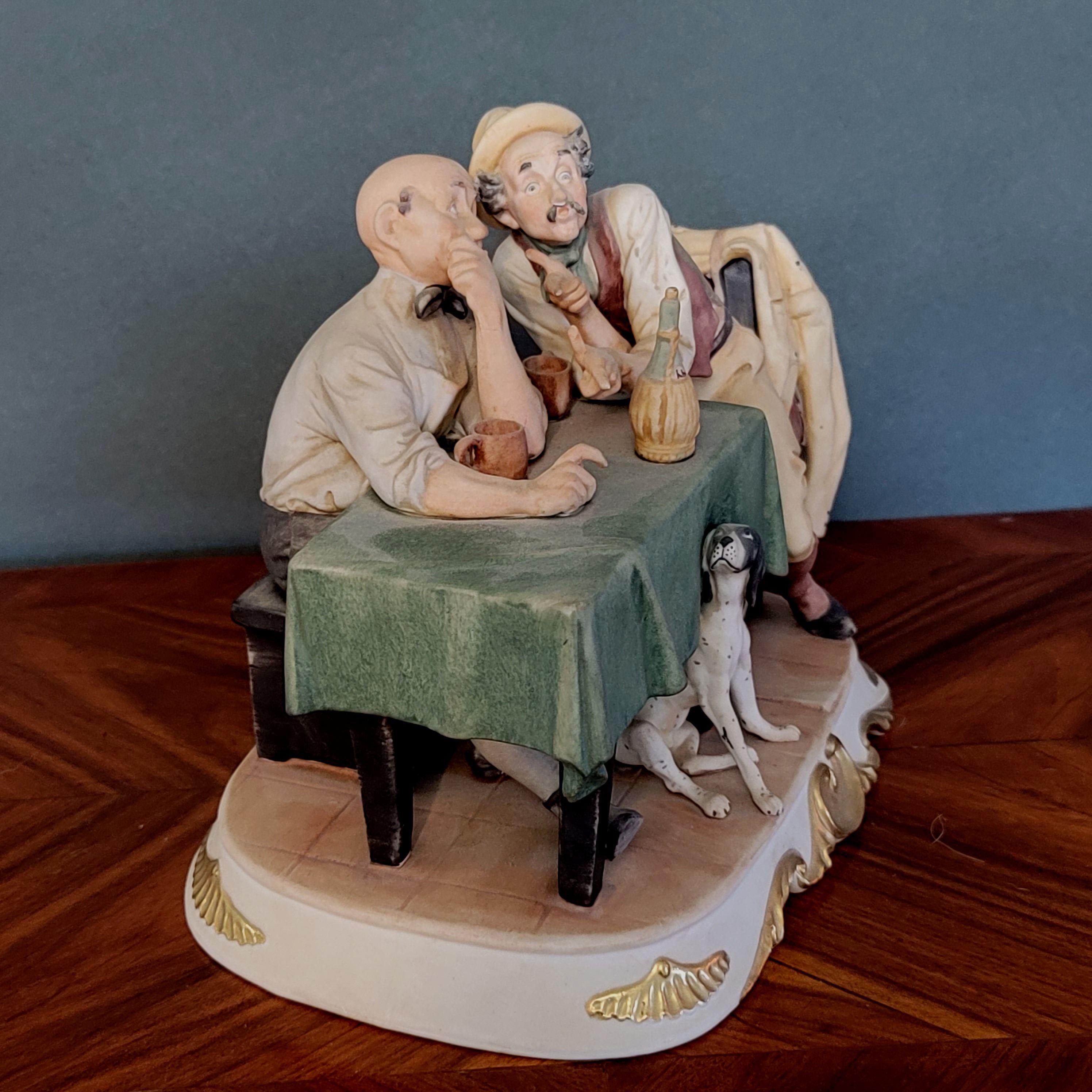 Hand-Crafted Capodimonte Porcelain Antonio Barsato's Tow Men with Dog and Chianti For Sale