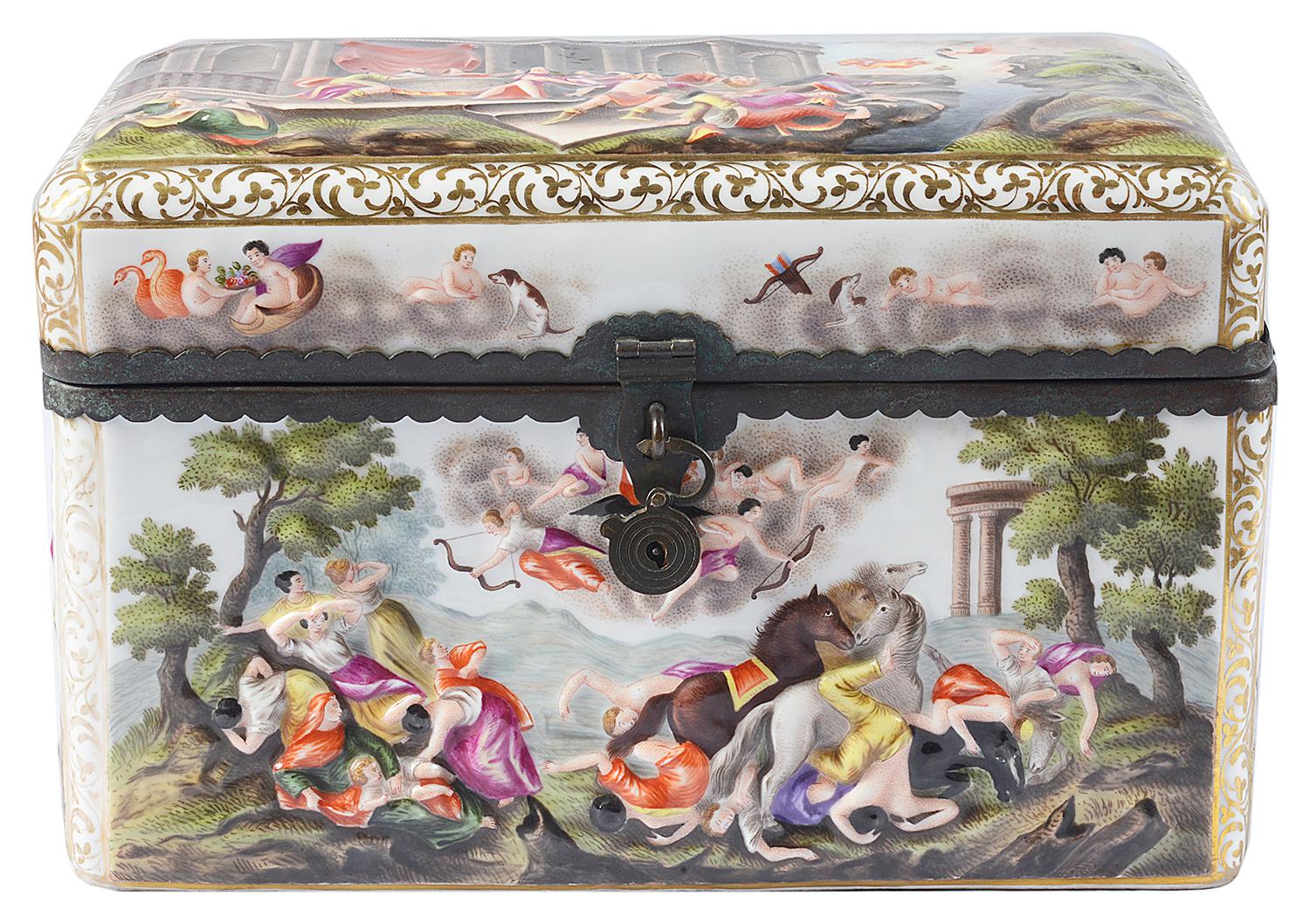 A good quality late 19th century Capodimonte porcelain casket, having classical scenes to the lid and surround.
