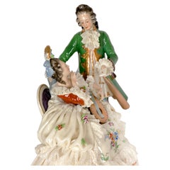 Antique Capodimonte Porcelain Figure Of Couple Playing Lute, Early 20th Century