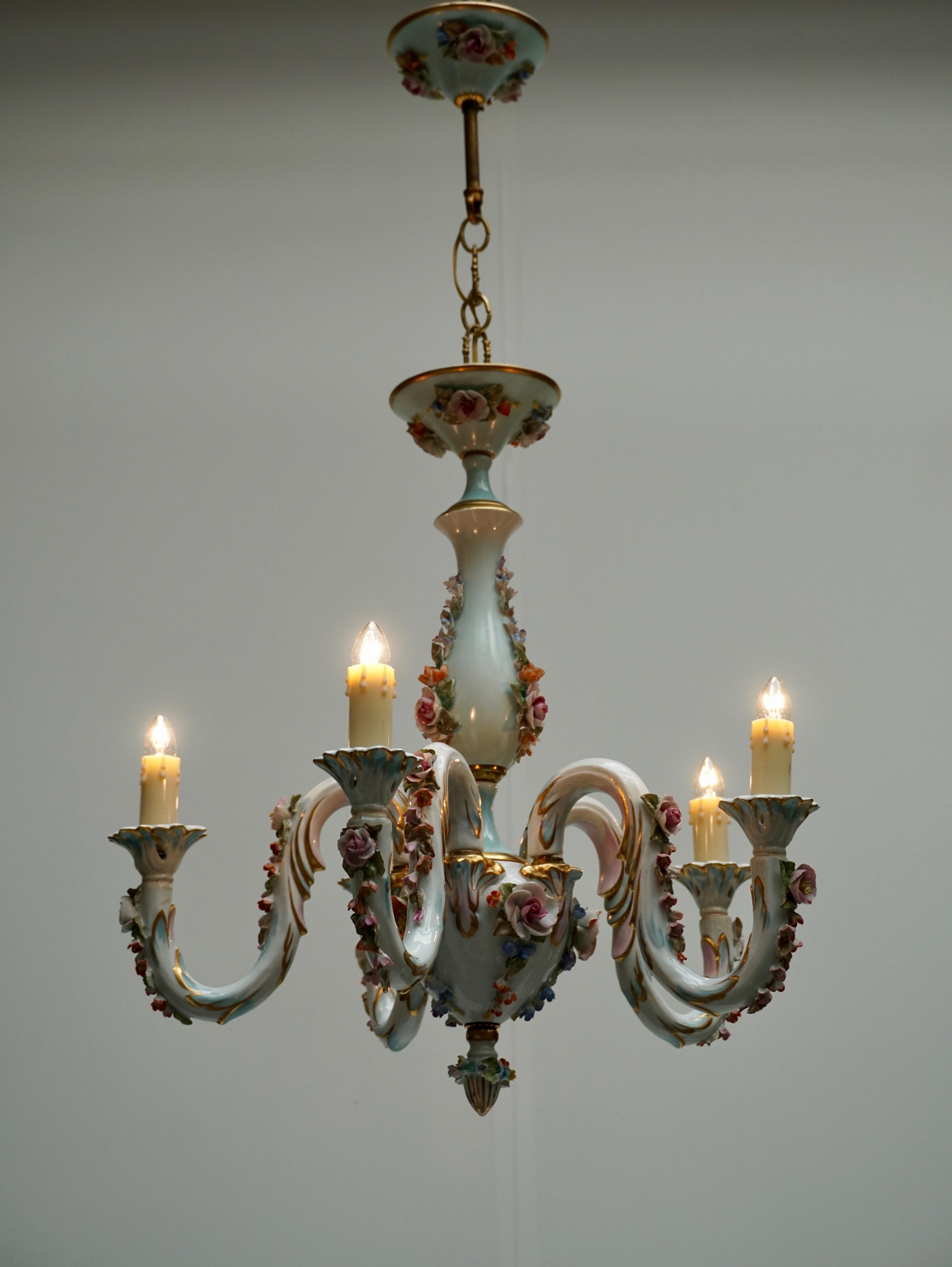 Italian Capodimonte Porcelain Five Lights Chandelier Floral Patterns, Italy For Sale