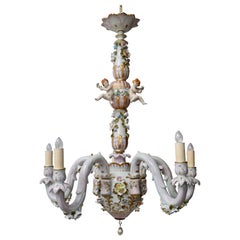 Retro Capodimonte Porcelain Five Lights Chandelier with Putti and Floral Patterns