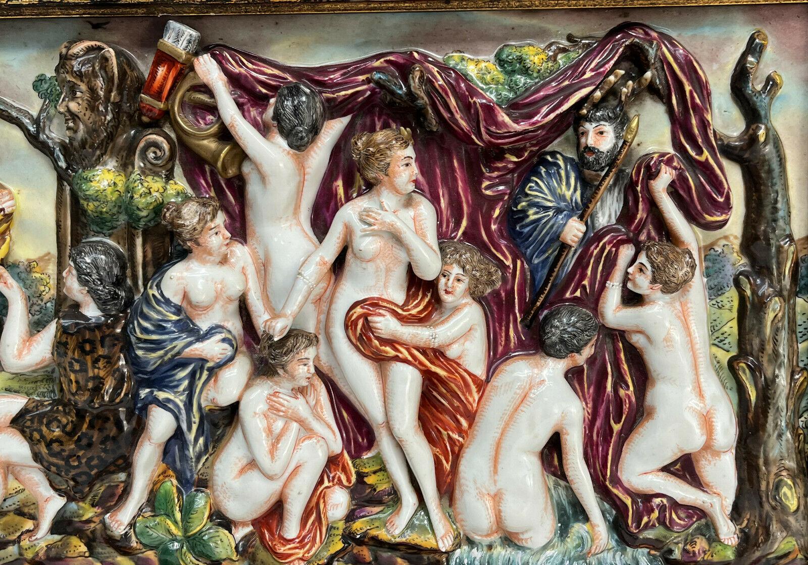 Capodimonte Porcelain High Relief Plaque after Peter Paul Rubens, Diana & Nymphs In Good Condition For Sale In Gardena, CA