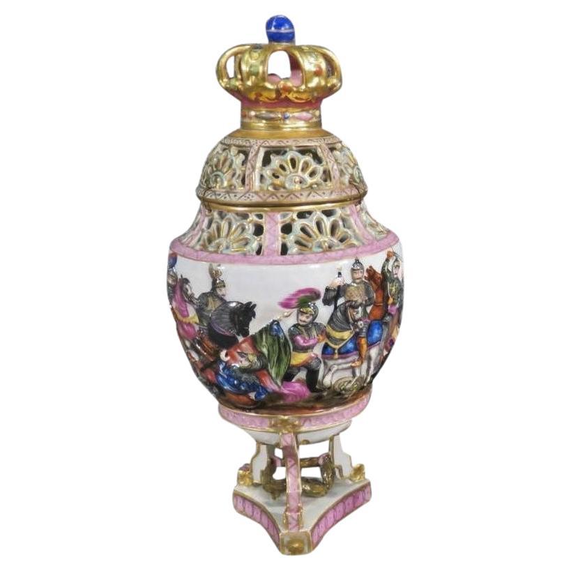 Capodimonte Porcelain Potpourri Covered Bowl - Gladiators, 19th Century
