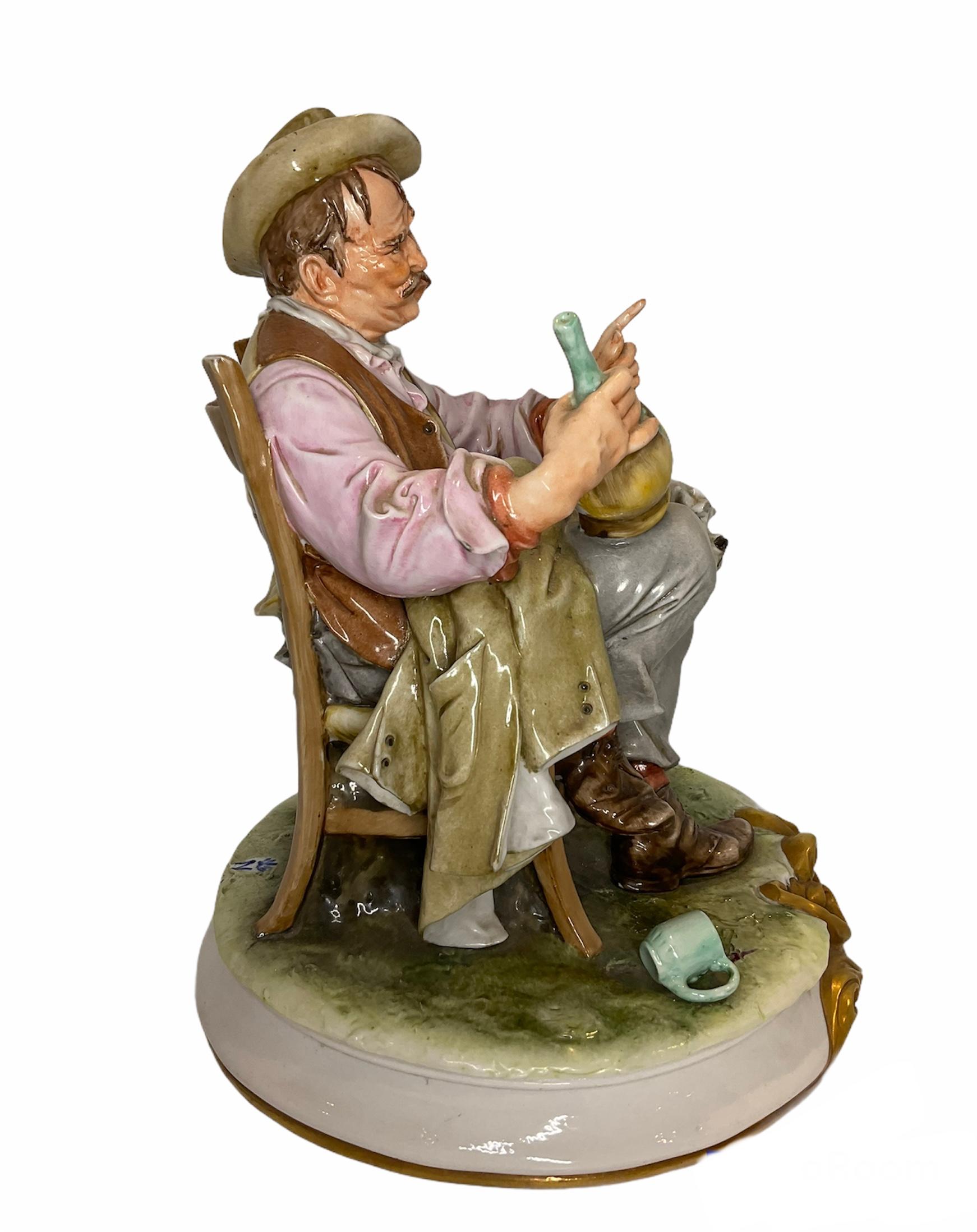 Italian Capodimonte Porcelain Sculpture of a Drunk Man and His Dog