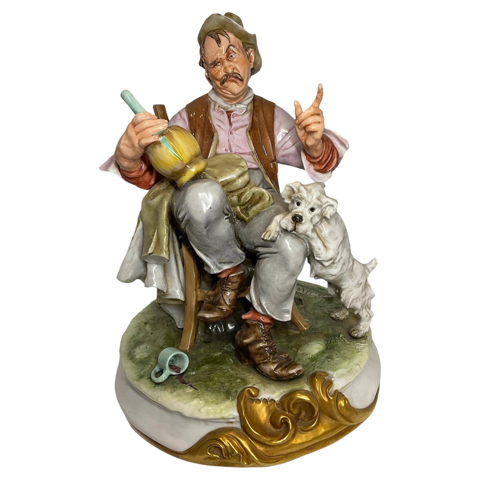Capodimonte Porcelain Sculpture of a Drunk Man and His Dog