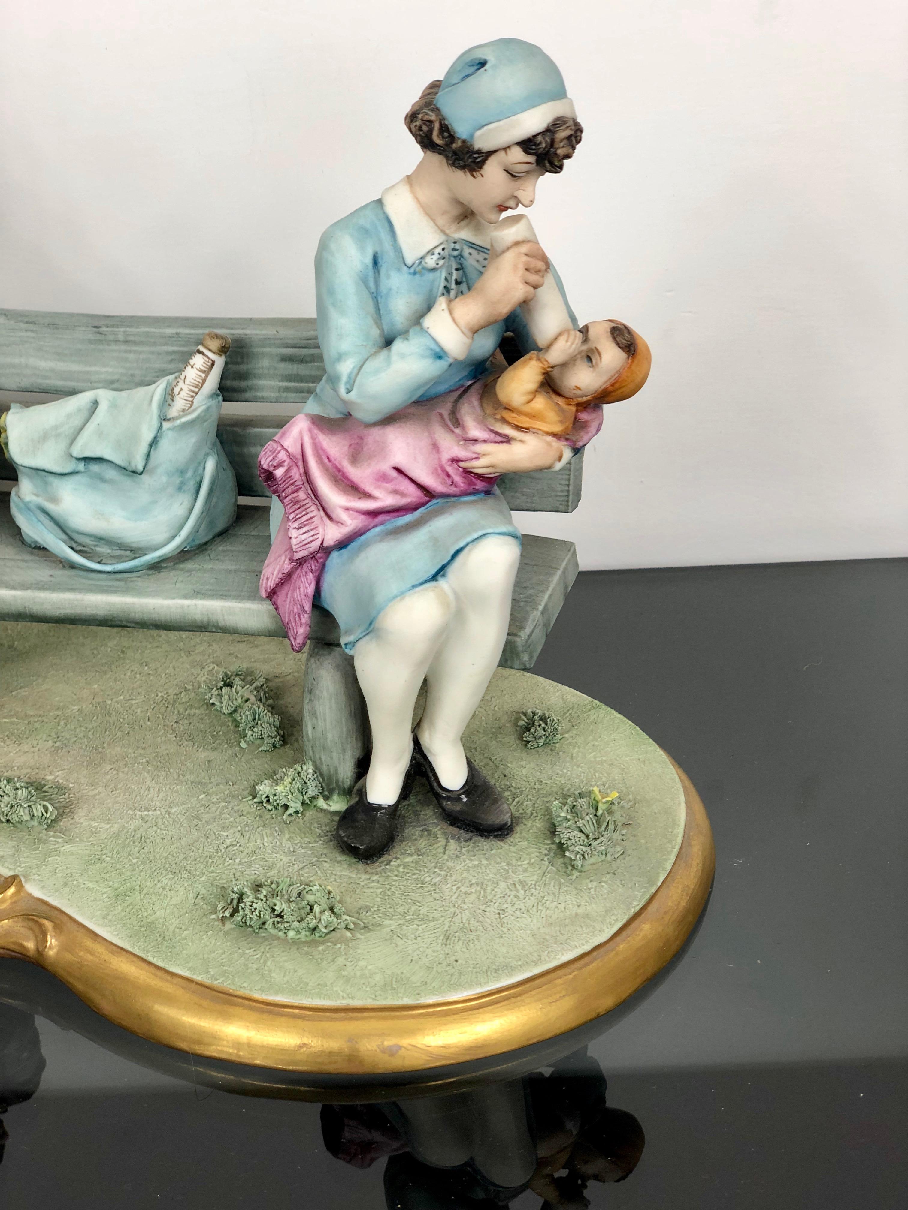 Mid-Century Modern Capodimonte Porcelain Sculpture Tramp and a Nanny on a Bench, De Palmas, Italy For Sale