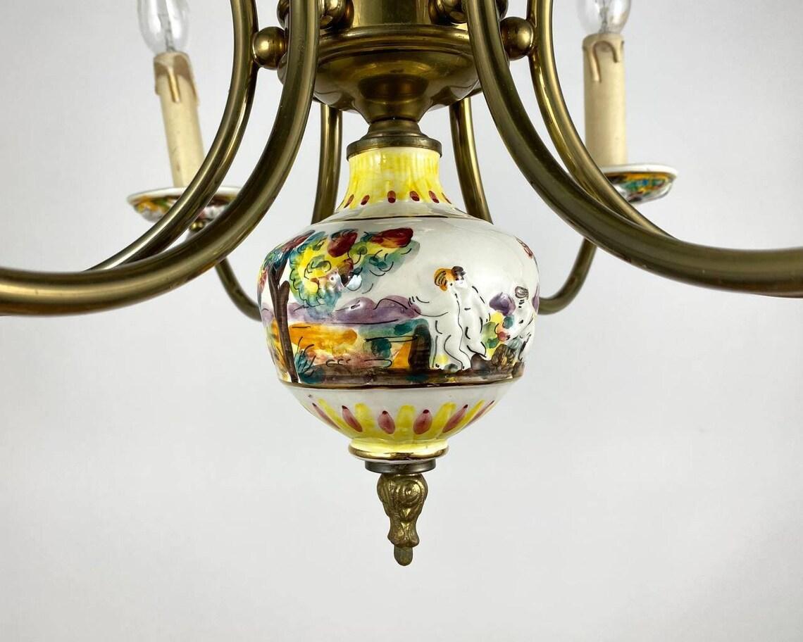 Italian Capodimonte Style Hand-Painted Porcelain & Brass Chandelier For Sale