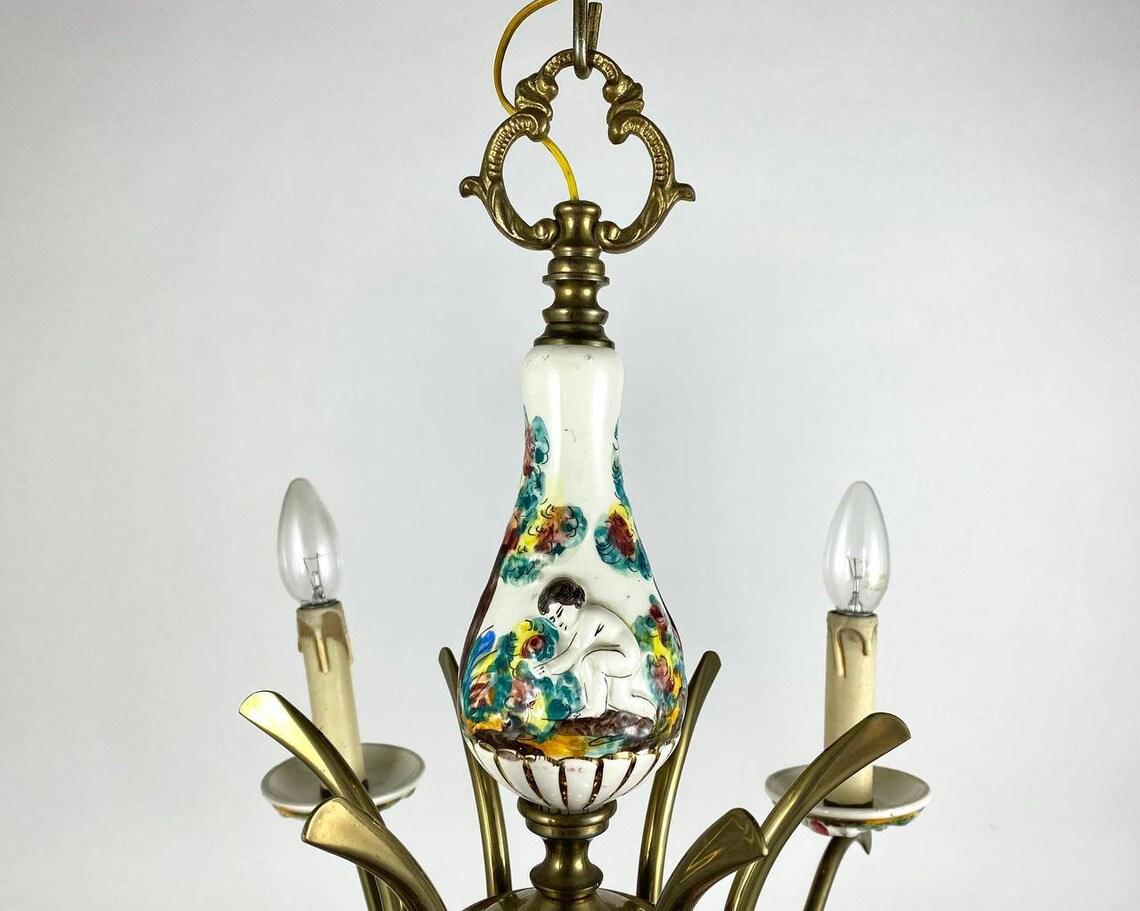 Late 20th Century Capodimonte Style Hand-Painted Porcelain & Brass Chandelier For Sale