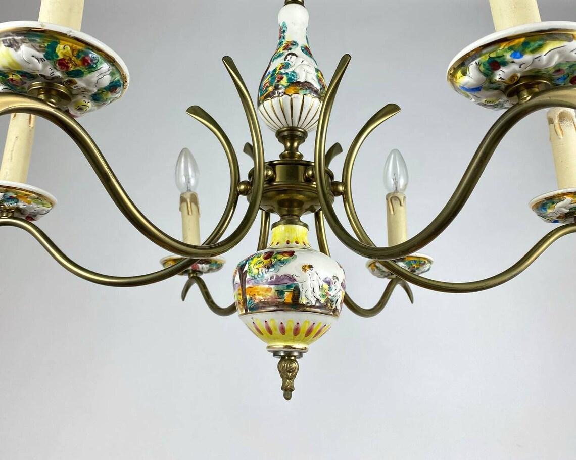 Capodimonte Style Hand-Painted Porcelain & Brass Chandelier For Sale 1