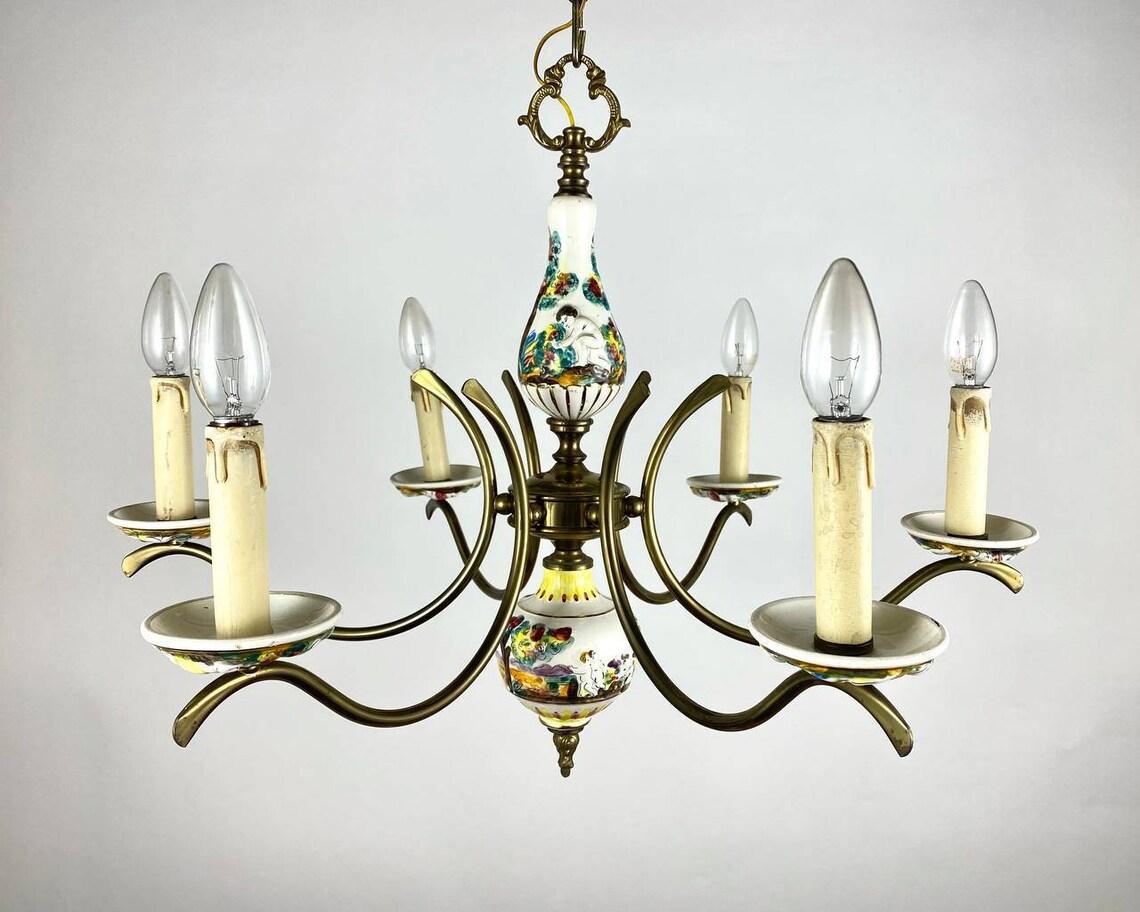 Capodimonte Style Hand-Painted Porcelain & Brass Chandelier For Sale 2