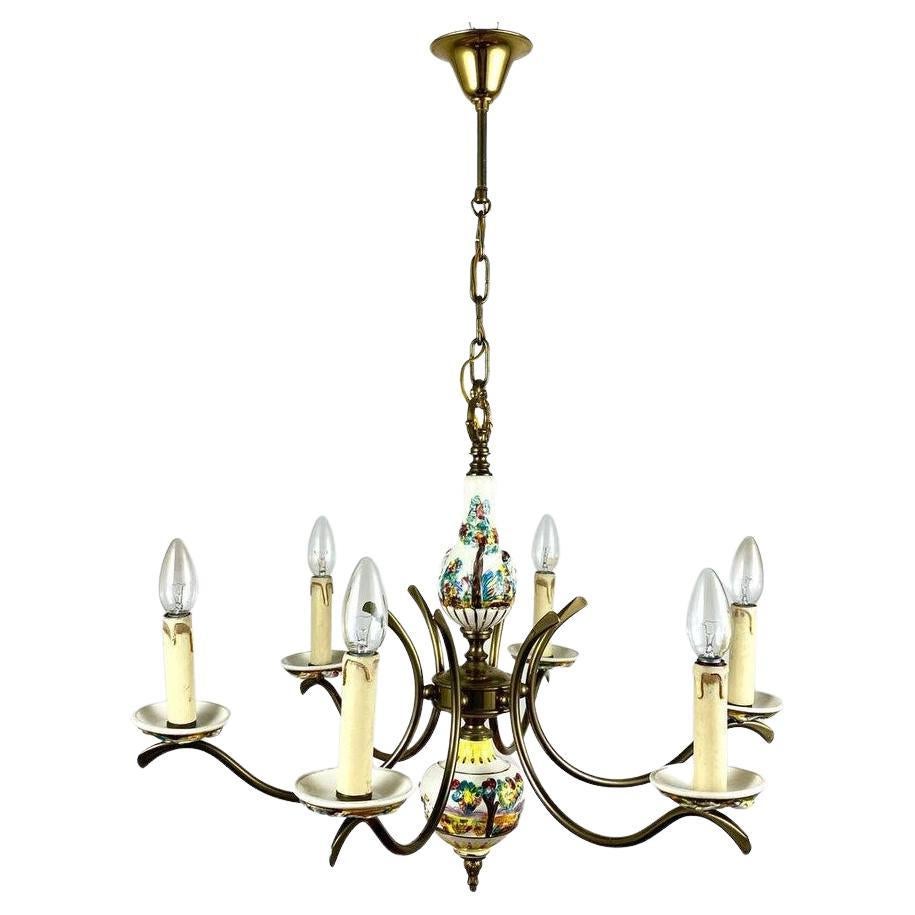 Capodimonte Style Hand-Painted Porcelain & Brass Chandelier For Sale