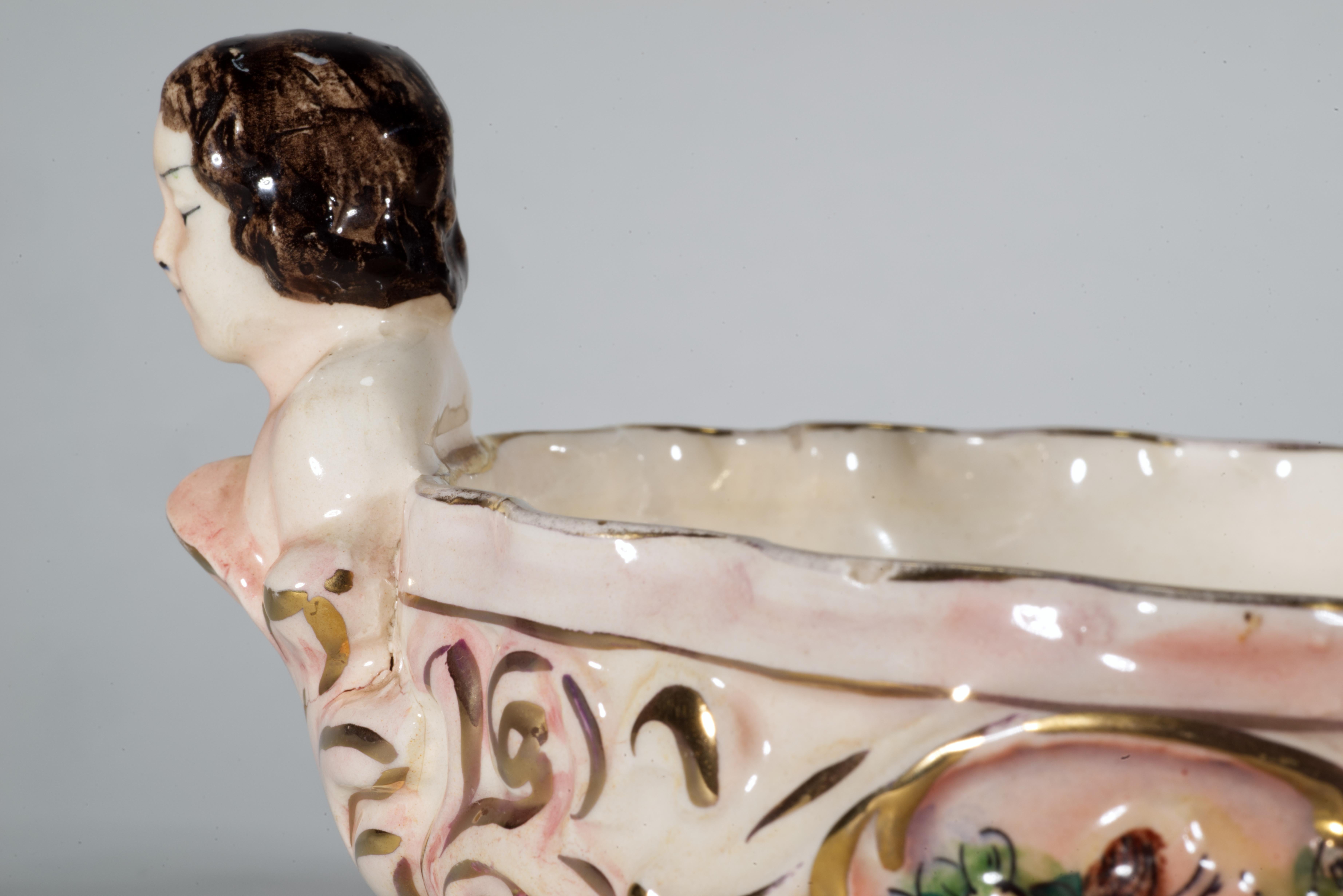 Capodimonte Style Majolica Footed Bowl with Cherub Handles, Cardel Italy For Sale 4