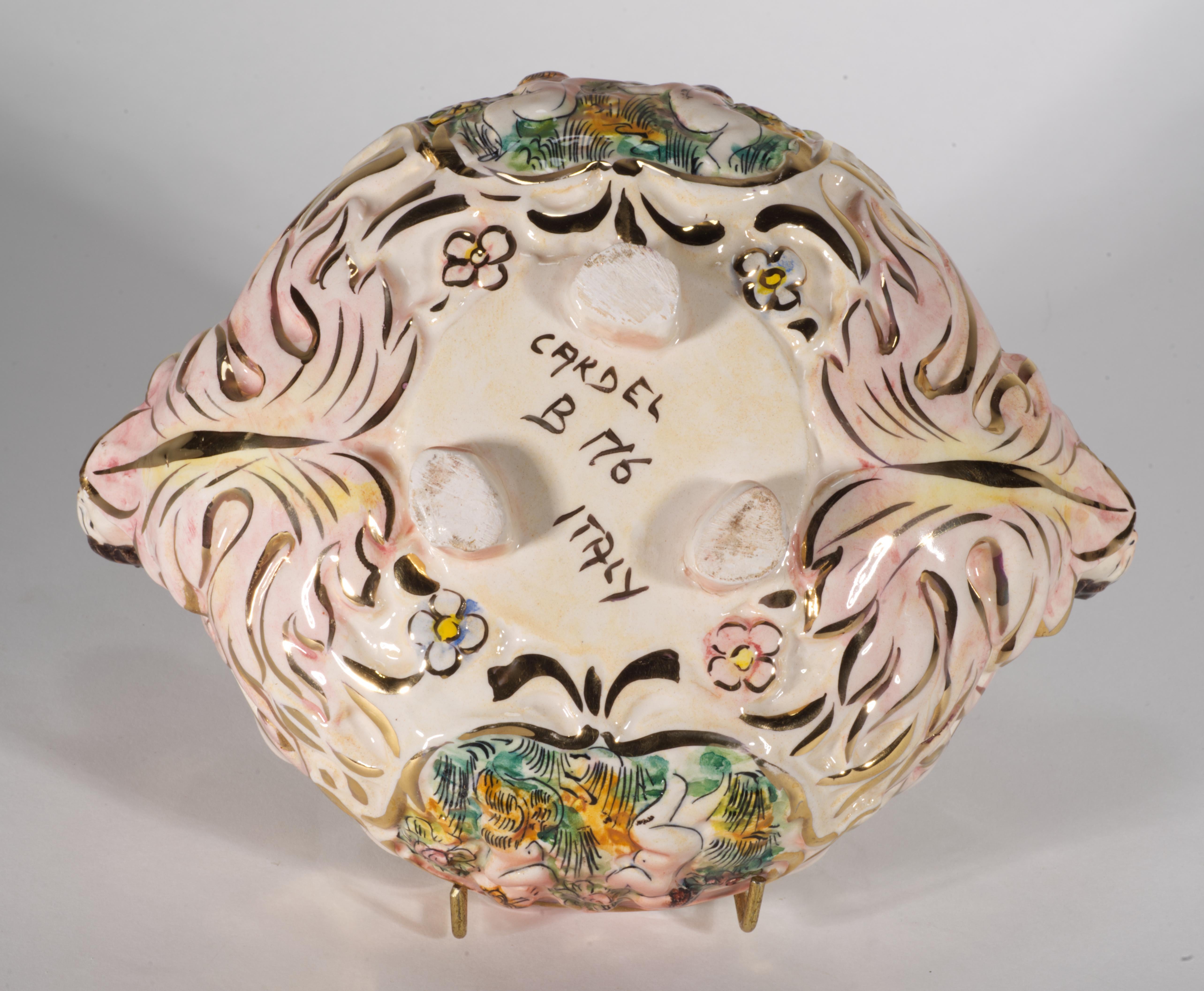 Hand-Crafted Capodimonte Style Majolica Footed Bowl with Cherub Handles, Cardel Italy For Sale