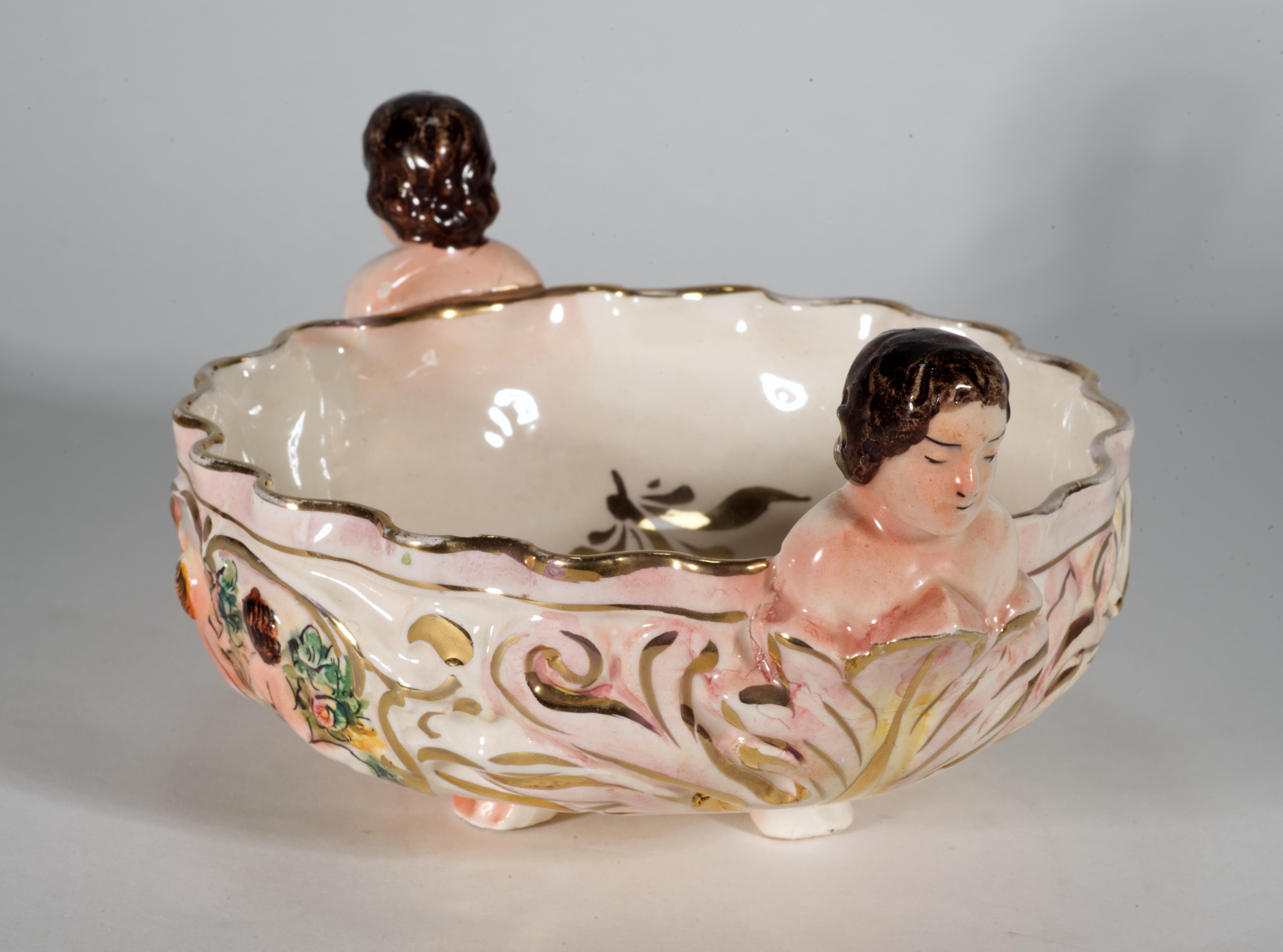 20th Century Capodimonte Style Majolica Footed Bowl with Cherub Handles, Cardel Italy For Sale