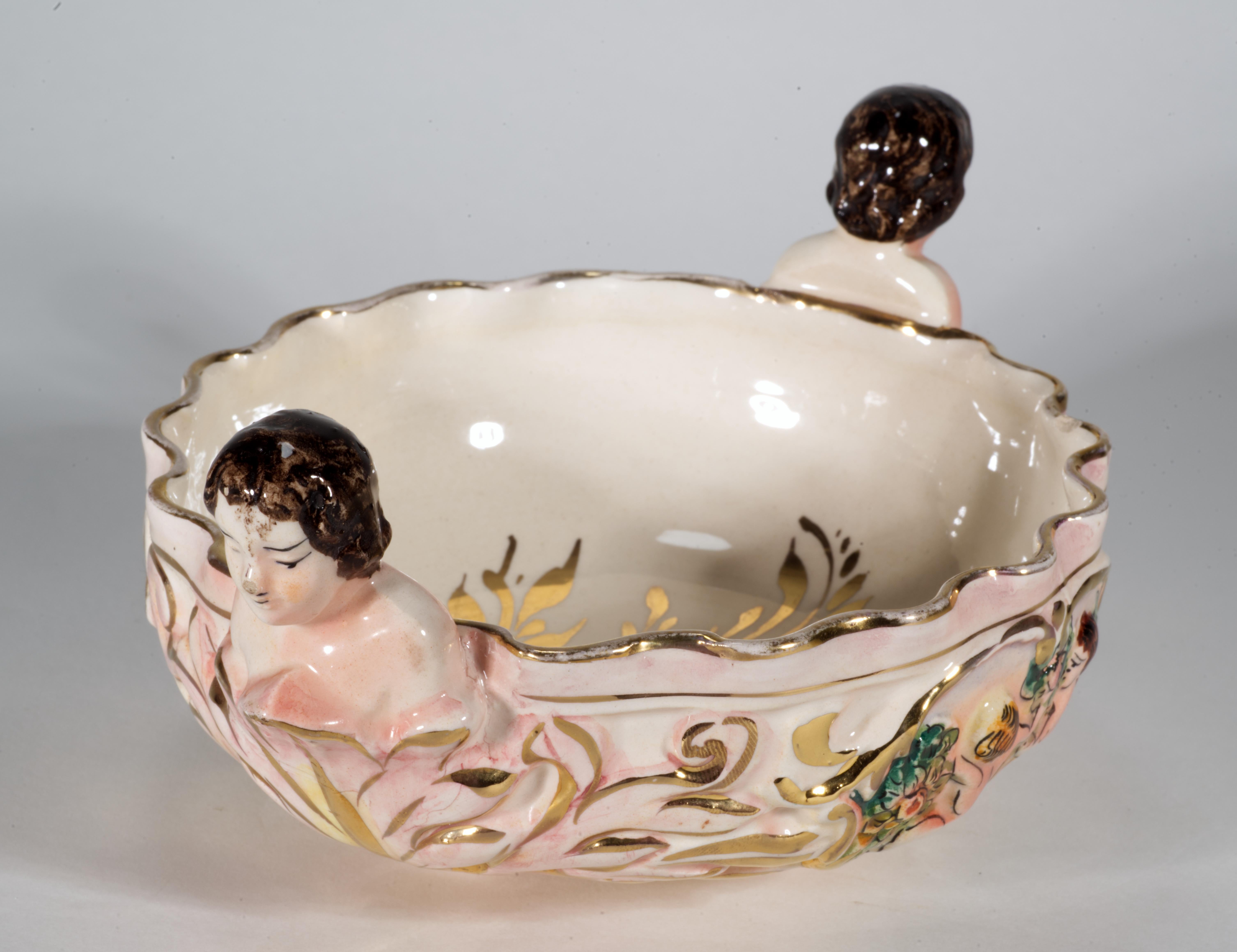 Ceramic Capodimonte Style Majolica Footed Bowl with Cherub Handles, Cardel Italy For Sale
