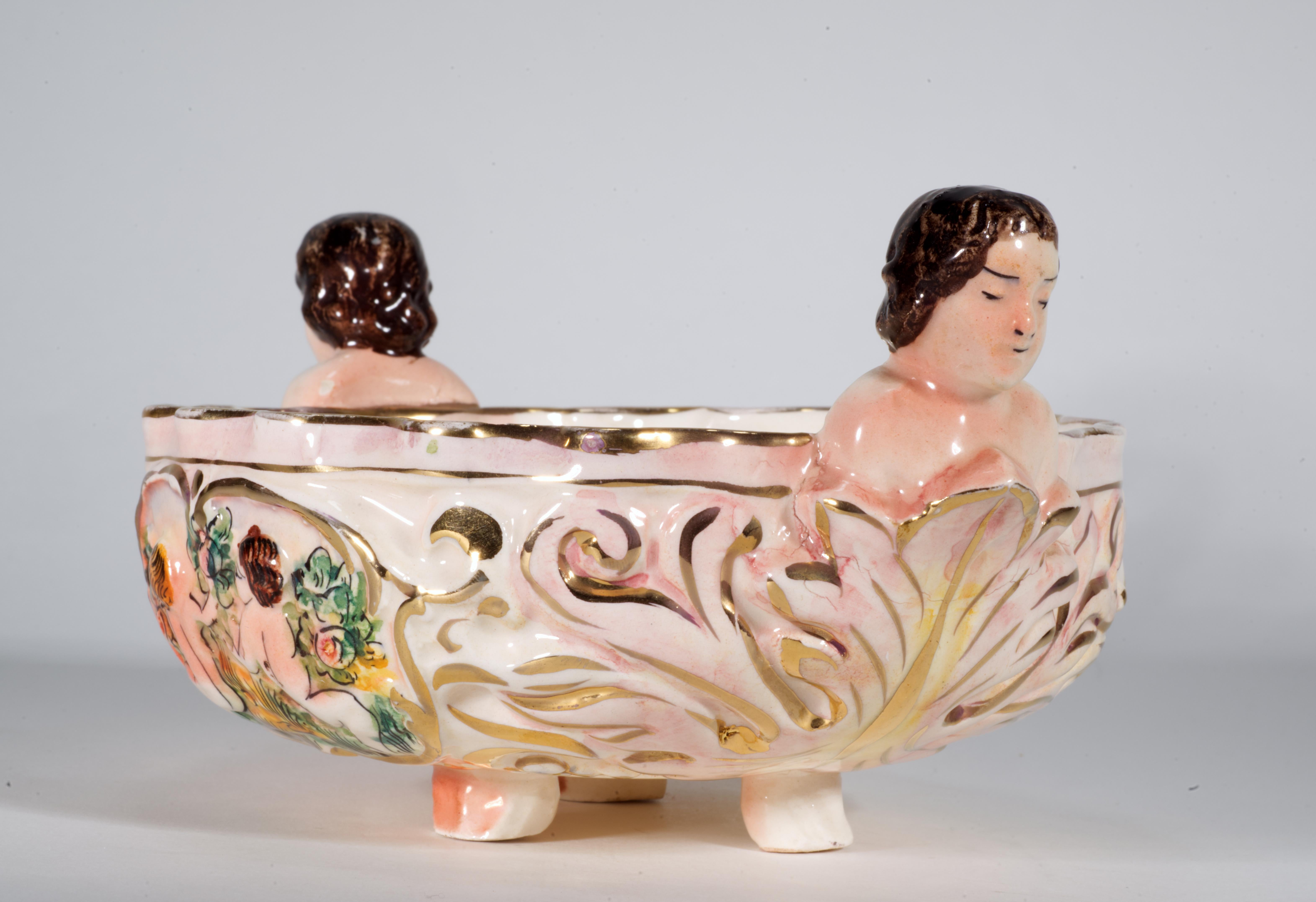 Capodimonte Style Majolica Footed Bowl with Cherub Handles, Cardel Italy For Sale 1