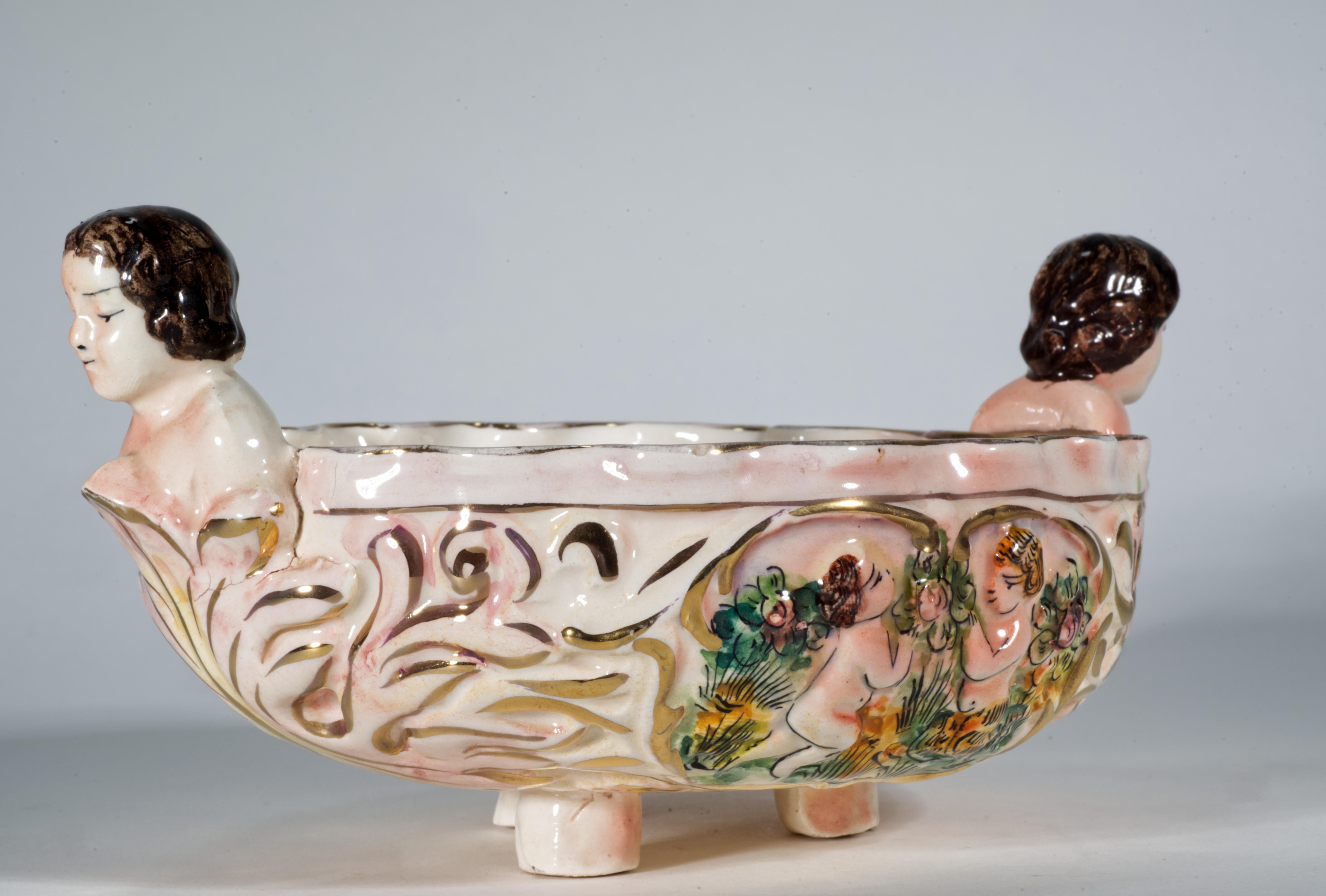 Capodimonte Style Majolica Footed Bowl with Cherub Handles, Cardel Italy For Sale 2