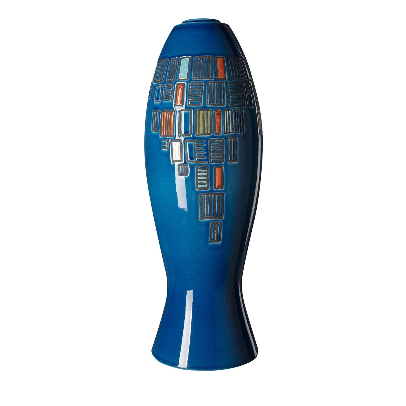 Italian Capogrossi Blue Vase by Aldo Londi For Sale