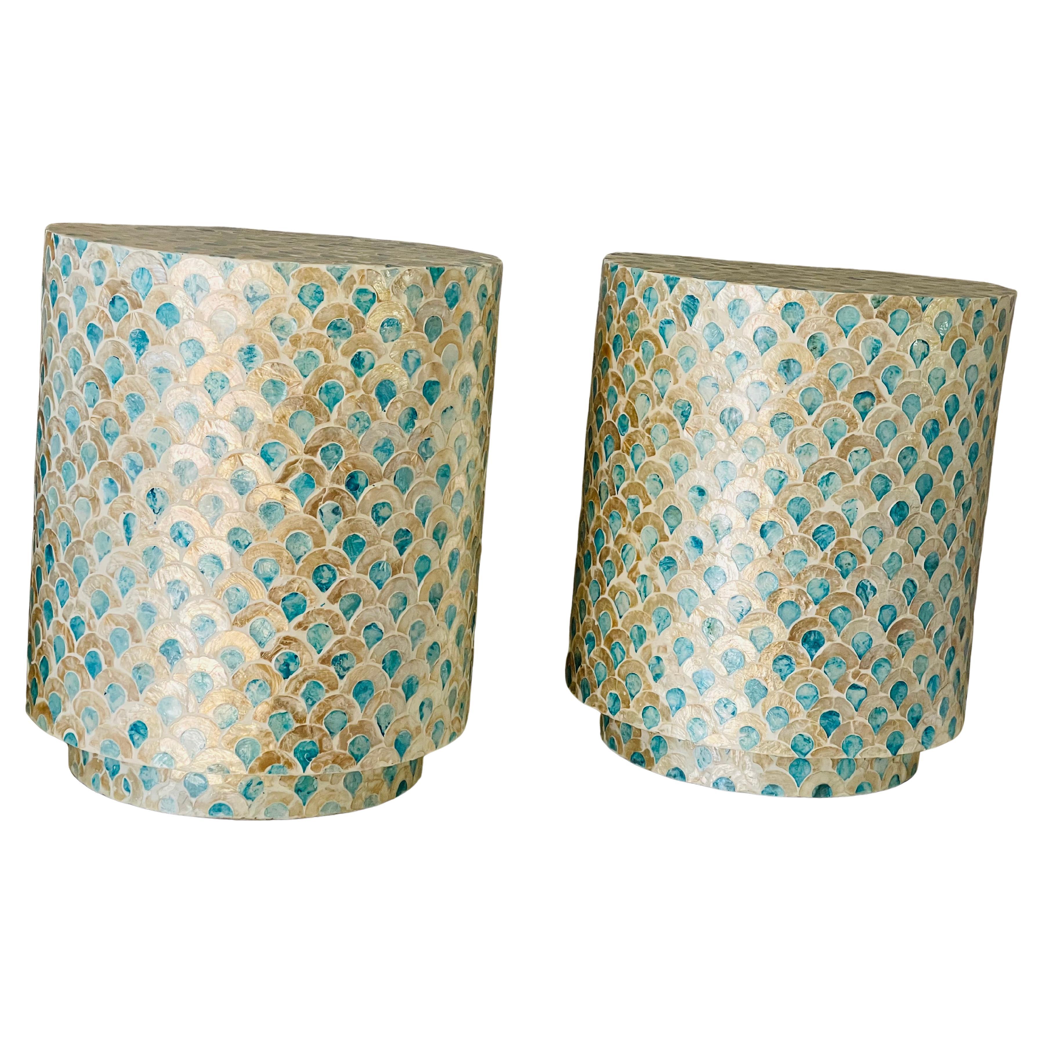 Capiz Shells Pair Side Drum Tables  Stands Seating