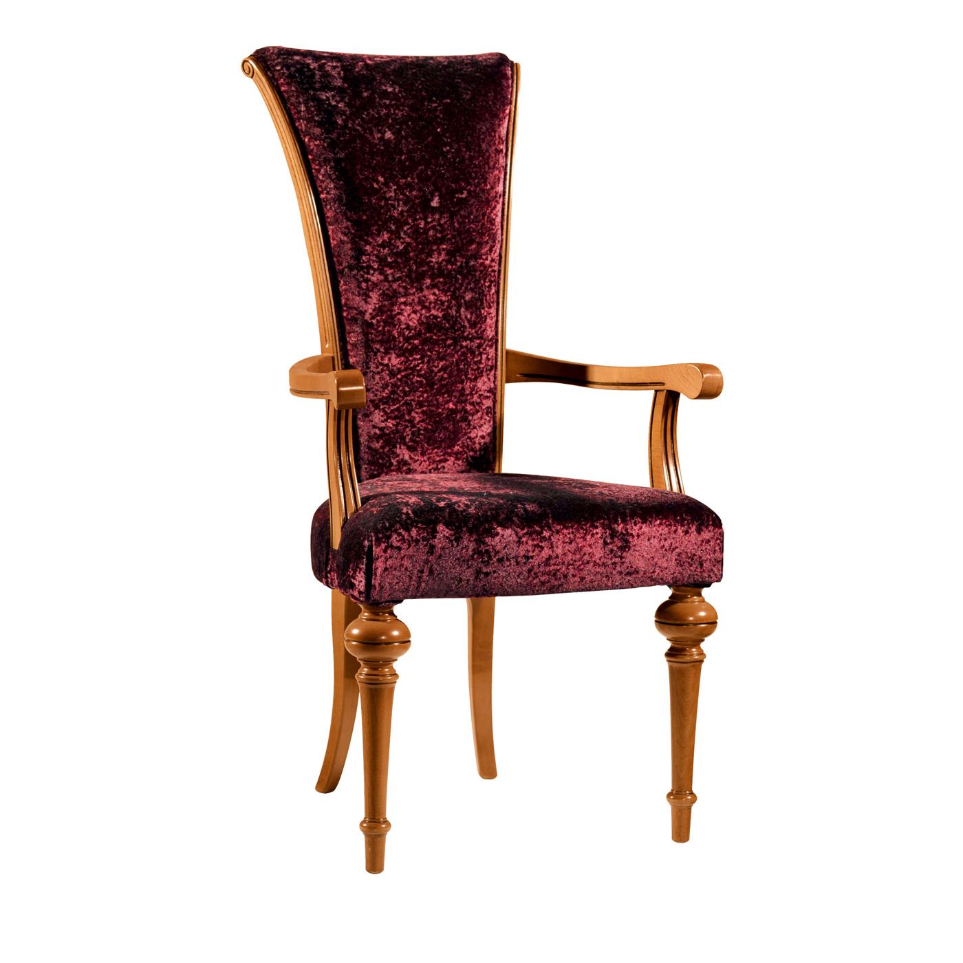 The design of this dining chair with a solid wooden frame, is typically Baroque, characterized by the front legs elegantly tapered (trumpet-turned legs). The seat and back are padded and upholstered in a red velvet fabric, that gives this