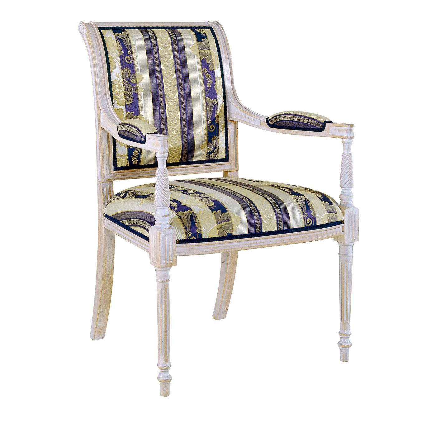 A luxury touch for living or dining rooms: this Contemporary table chair features an elegant antique ivory-white finish wooden structure. The seat, backrest and armrests are padded and upholstered with a striped fabric in white and blue tones.