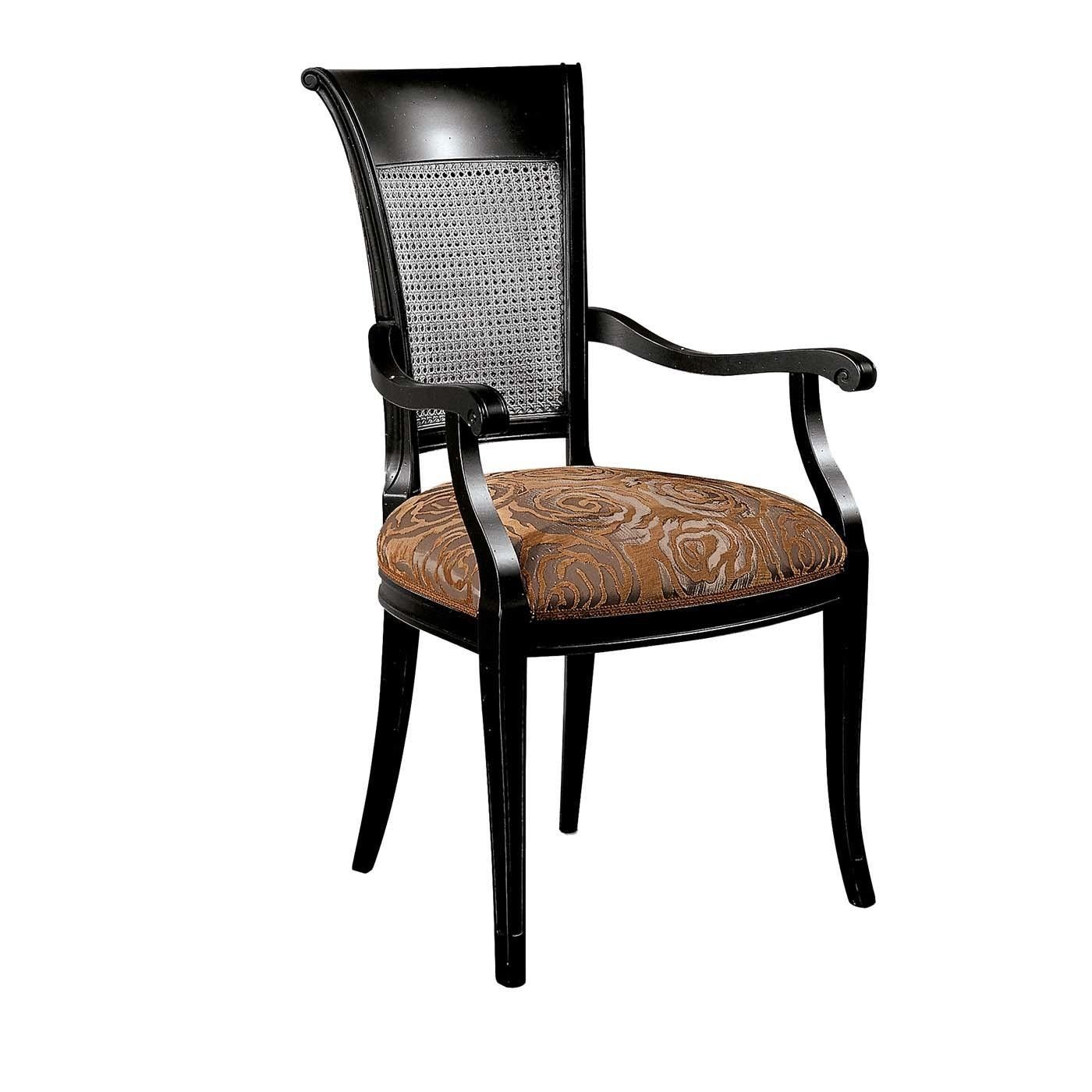 This unique chair with armrests is part of the Contemporary collection and, true to its name, combines a series of modern elements in a traditional frame, creating a bold and refined accent piece to display anywhere in the house. The classic solid