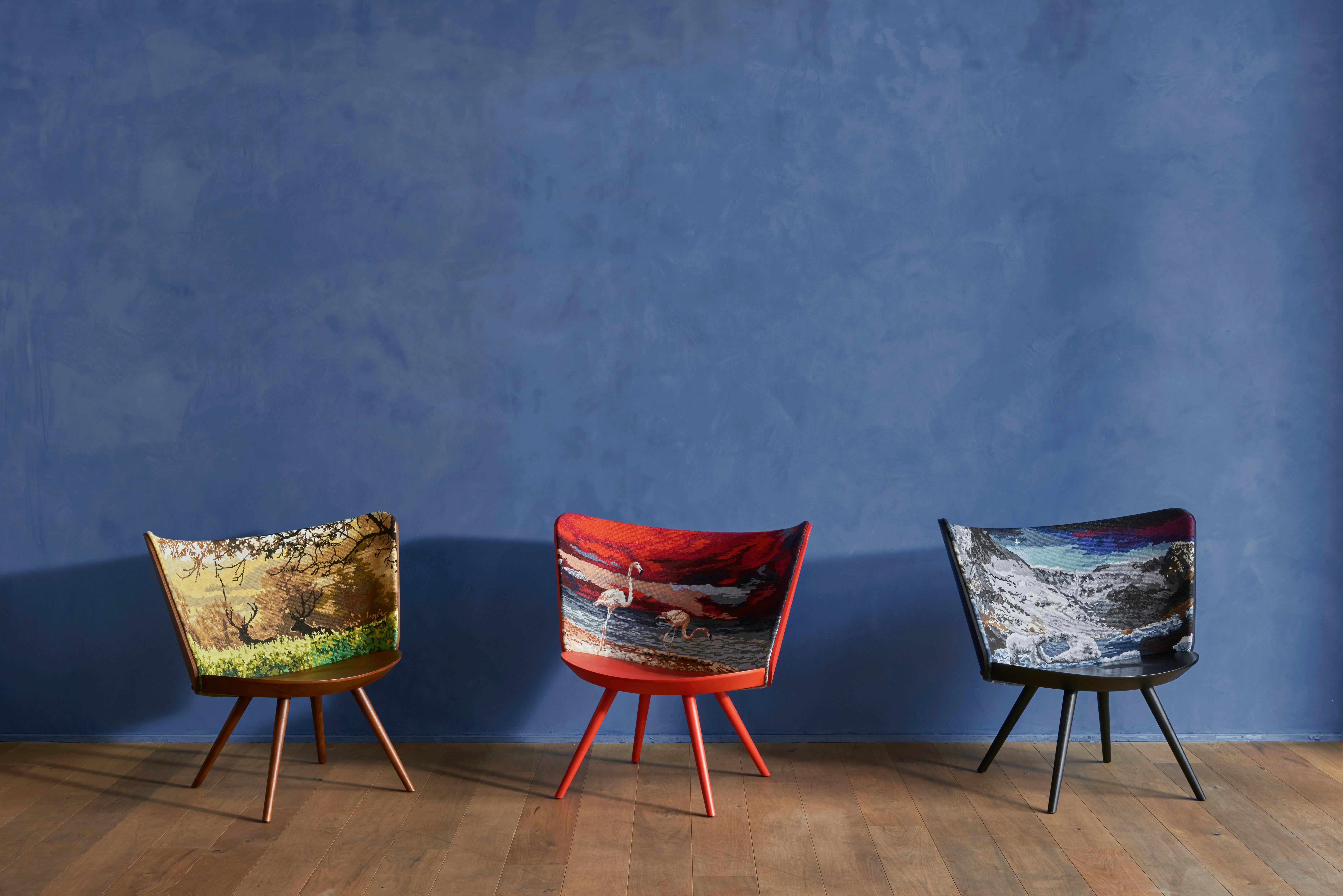 A year-long story. That spans a lifetime. Johan Lindstén captures the beauty of the seasons in autumn, winter, spring, and summer sceneries depicted across the backrest of the poetic Embroidery chair; cross-stitched, the sublime synthesis between