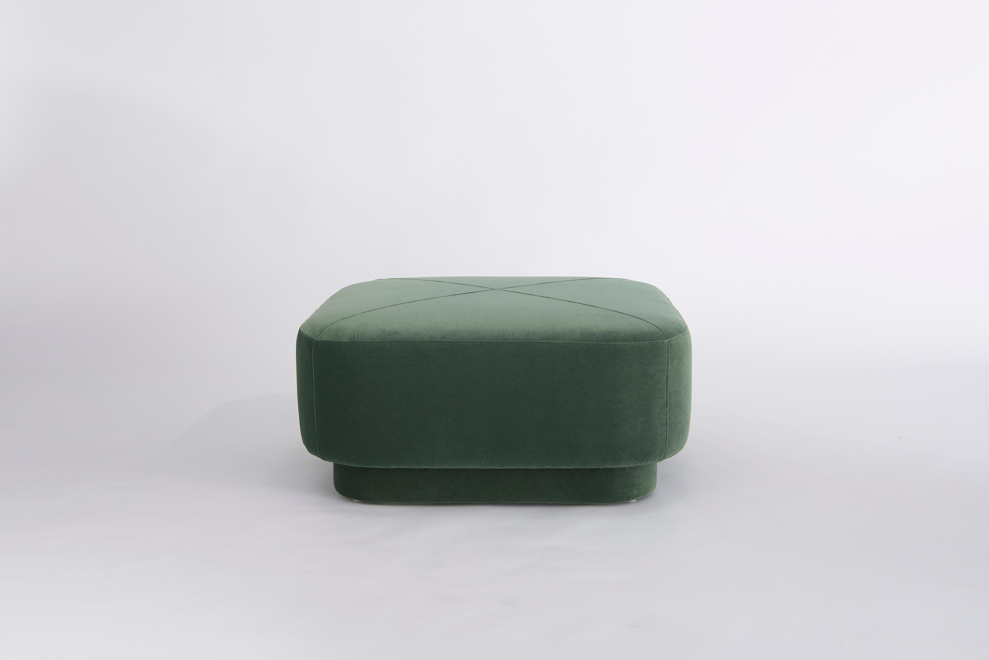 Capper Medium Ottoman by Phase Design
Dimensions: D 96,5 x W 96,5 x H 40,6 cm. 
Materials: Upholstery and wood.

Wood construction with upholstered body. Upholstery may be sourced in Customer Own Material (COM), Customer Own Leather (COL), or in