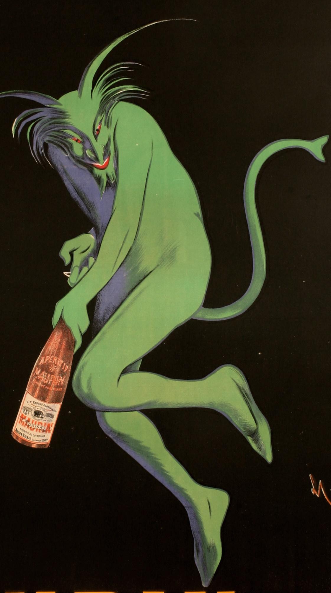 Art Nouveau Cappiello, Original Alcohol Poster, Maurin Quina, Green Devil, Spirits, 1906 For Sale