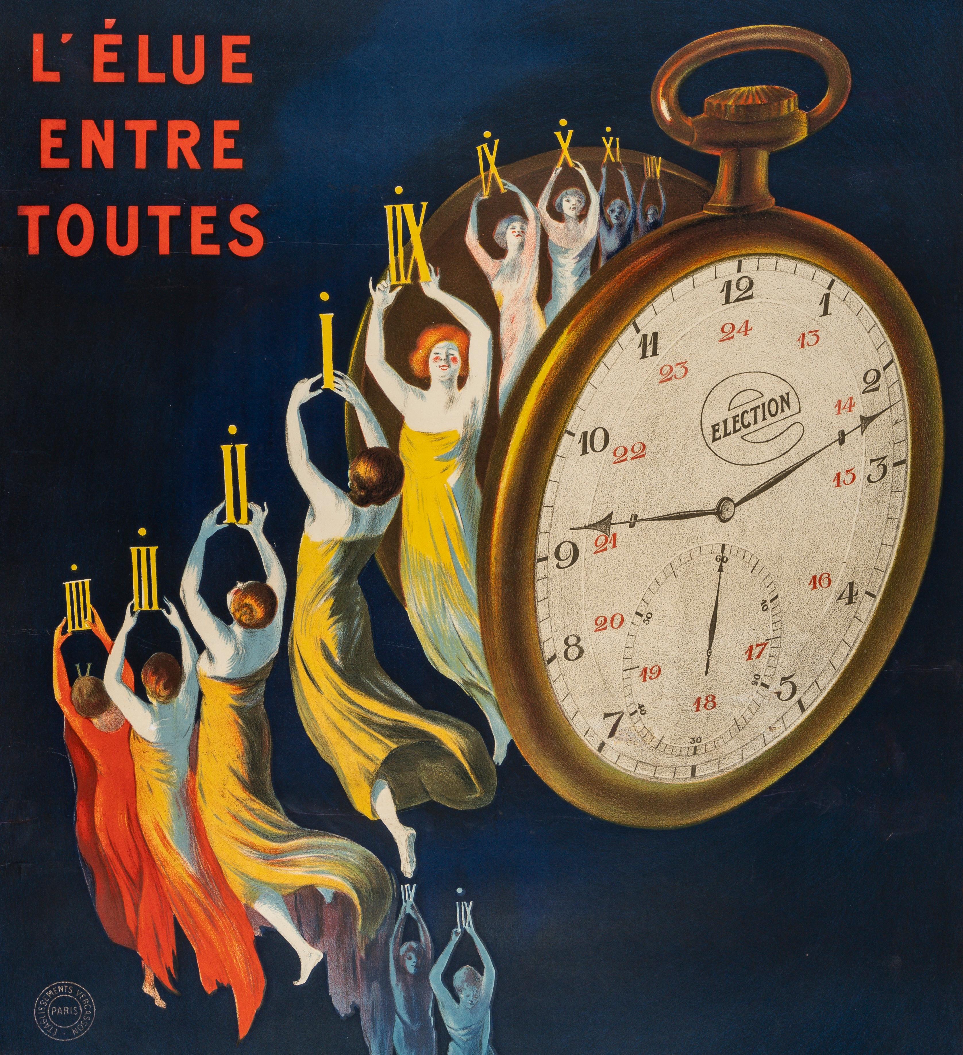 Art Déco Cappiello, Poster originale, Elezioni, Orologio da tasca, Orologio, Cronometro Tempo 1922 in vendita