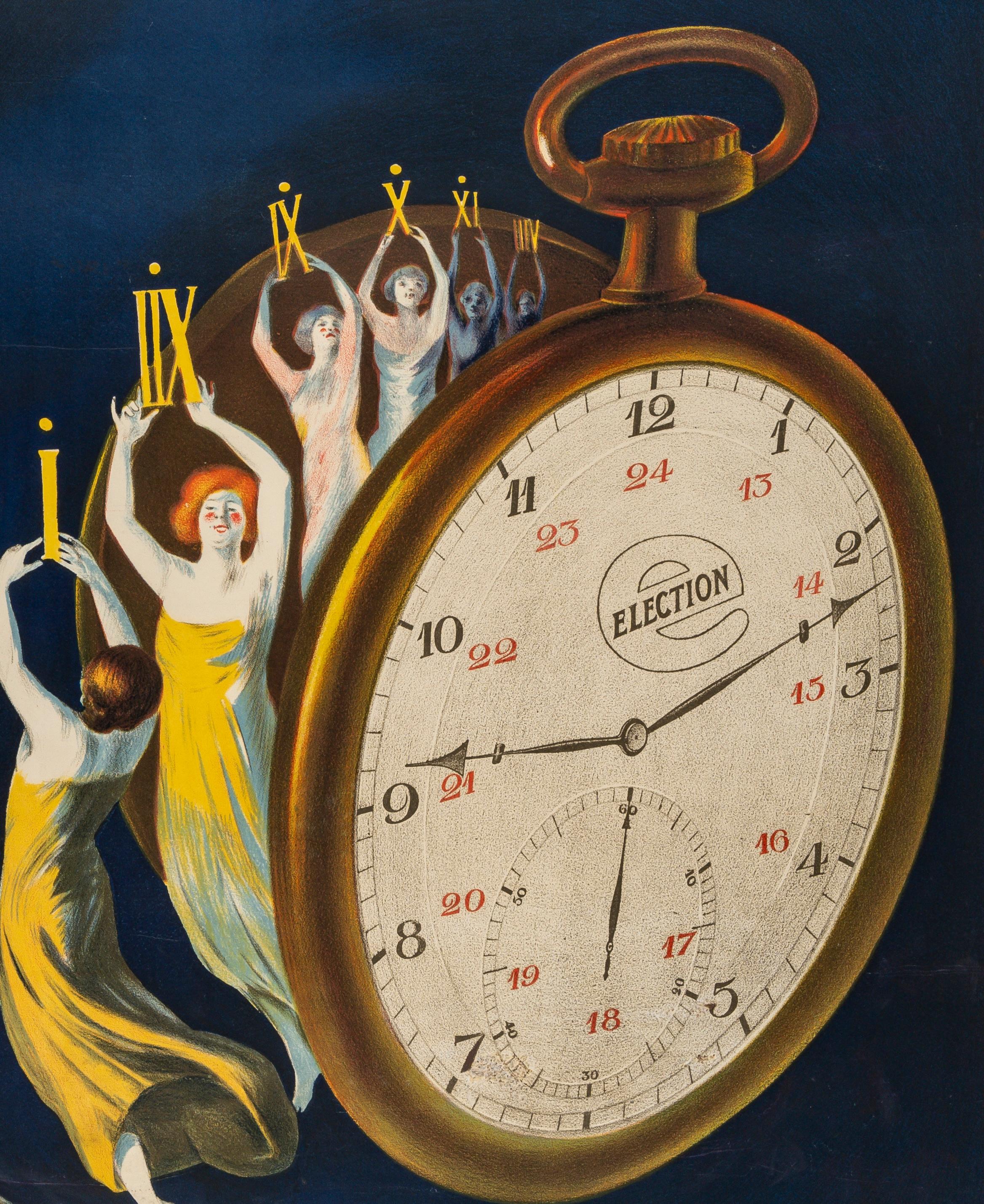 Francese Cappiello, Poster originale, Elezioni, Orologio da tasca, Orologio, Cronometro Tempo 1922 in vendita