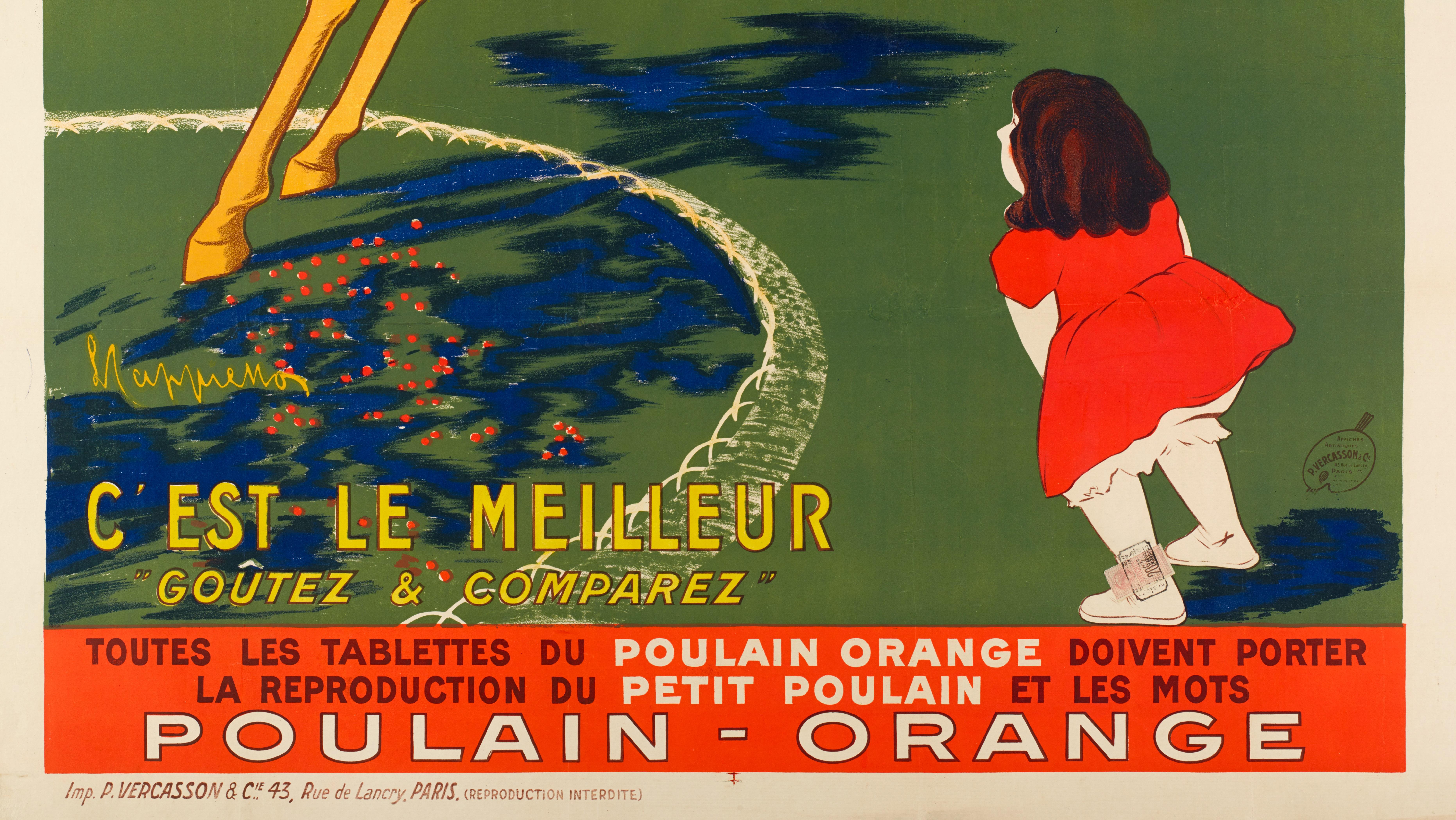 French Cappiello, Original Vintage Poster, Chocolat Poulain-Orange, Foal, Horse, 1911