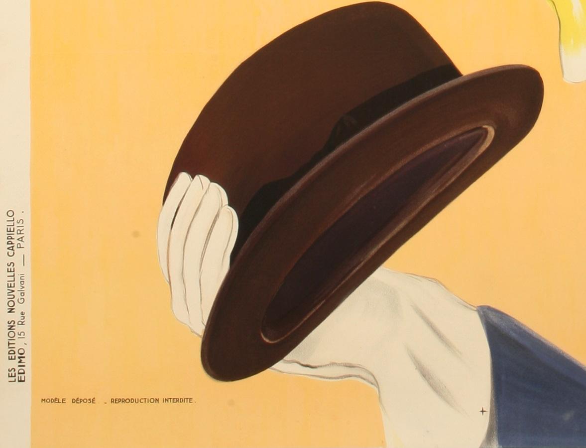 Original Vintage Poster for Mossant Hat dating from 1938 by Leonetto Cappiello.

Artist: Leonetto Cappiello 
Title: Mossant
Date: 1938
Size: 47.25 X 63 in / 120 X 160 cm
Printer : Editions Nouvelles Cappiello, EDIMO, 15 rue Galvani - Paris
Materials