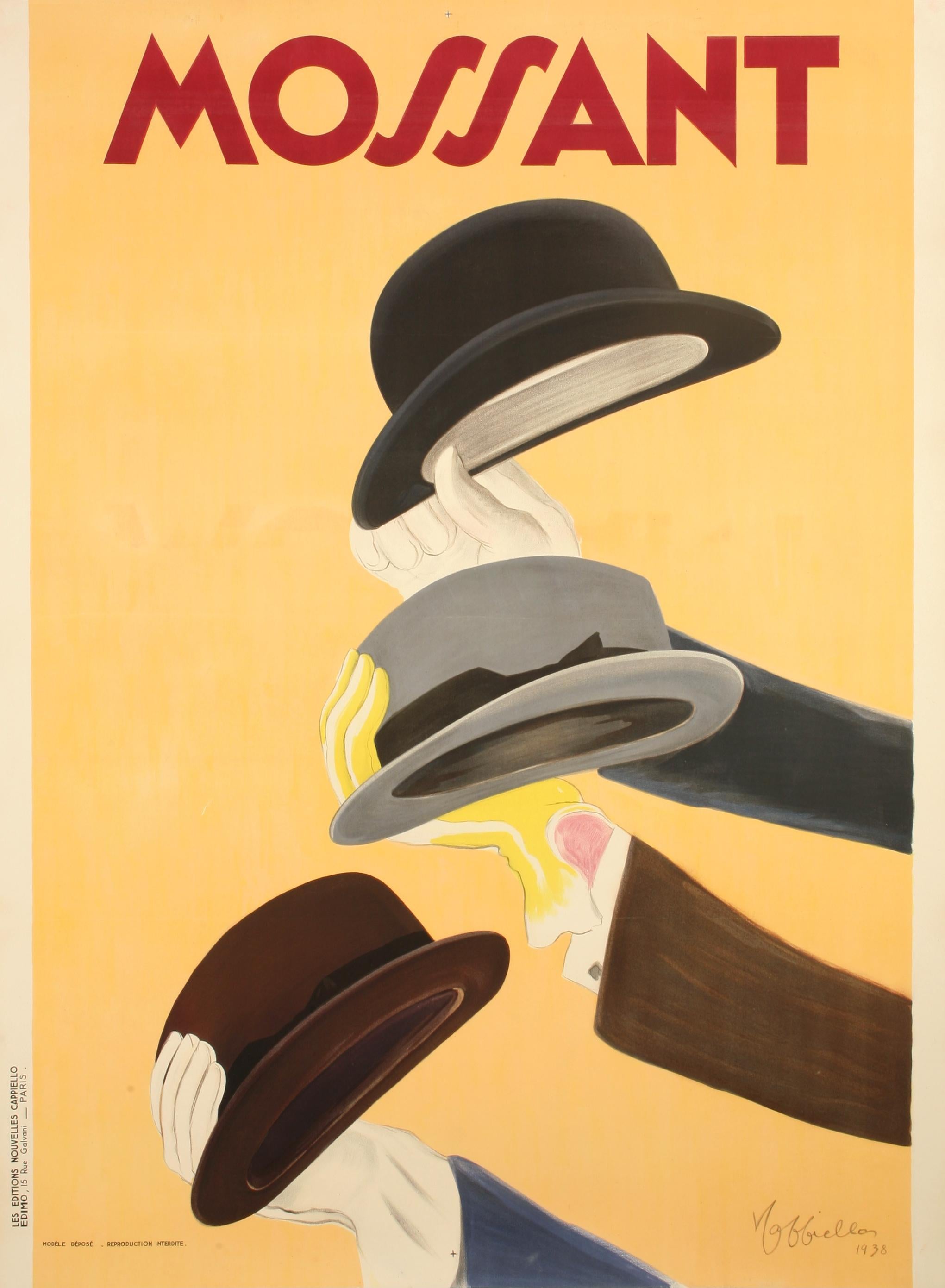 French Cappiello, Original Vintage Poster, Mossant Hat, Gloves, Gentleman dressing 1938