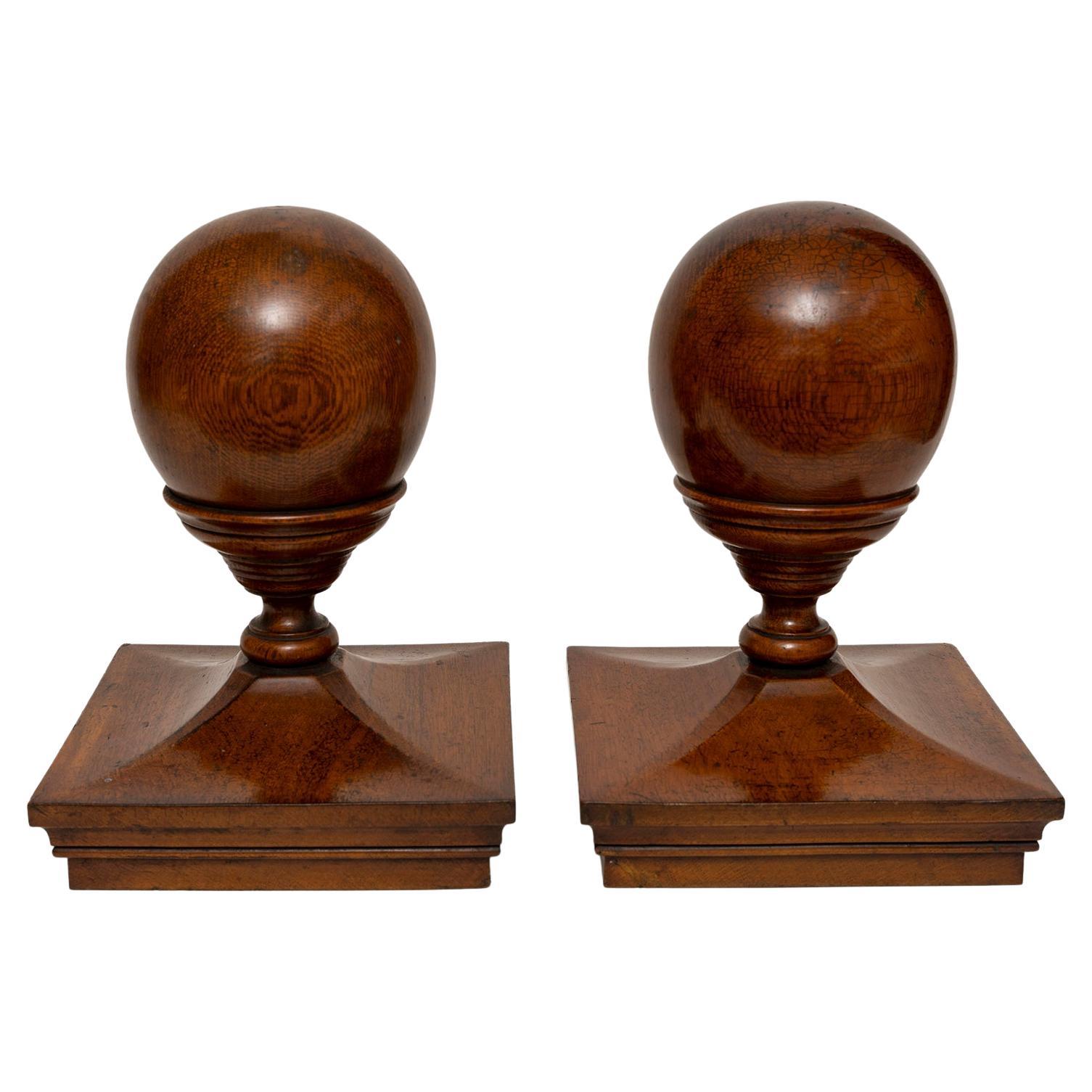 Capping Finial Newel Post Staircase Pair Oak Cup & Cover Ball 33cm 13" high For Sale