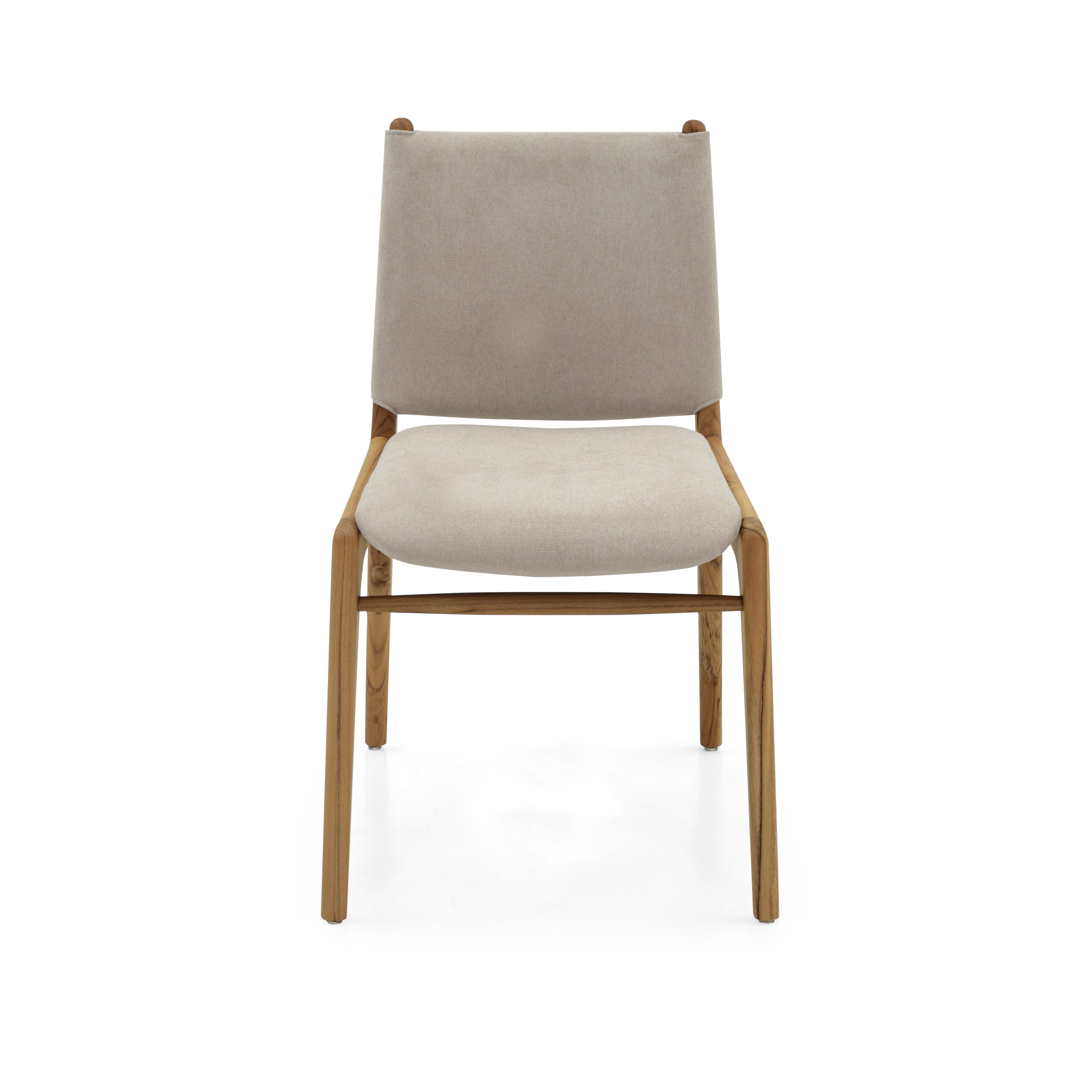 Cappio Dining Chair in Teak Wood Finish with Ivory Fabric, Set of 2 For Sale 1