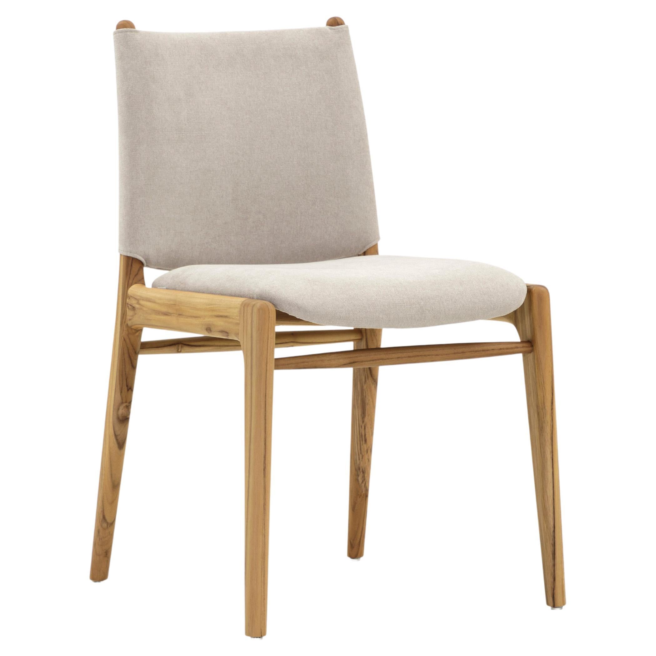 Brazilian Cappio Dining Chair in Teak Wood Finish with Ivory Fabric, Set of 2 For Sale