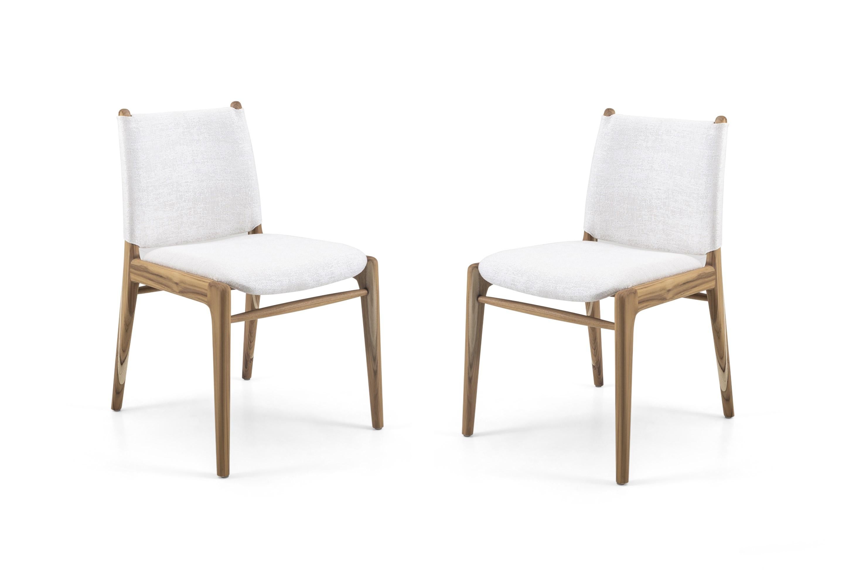 Cappio Dining Chair in Teak Wood and Light Beige Fabric, set of 2