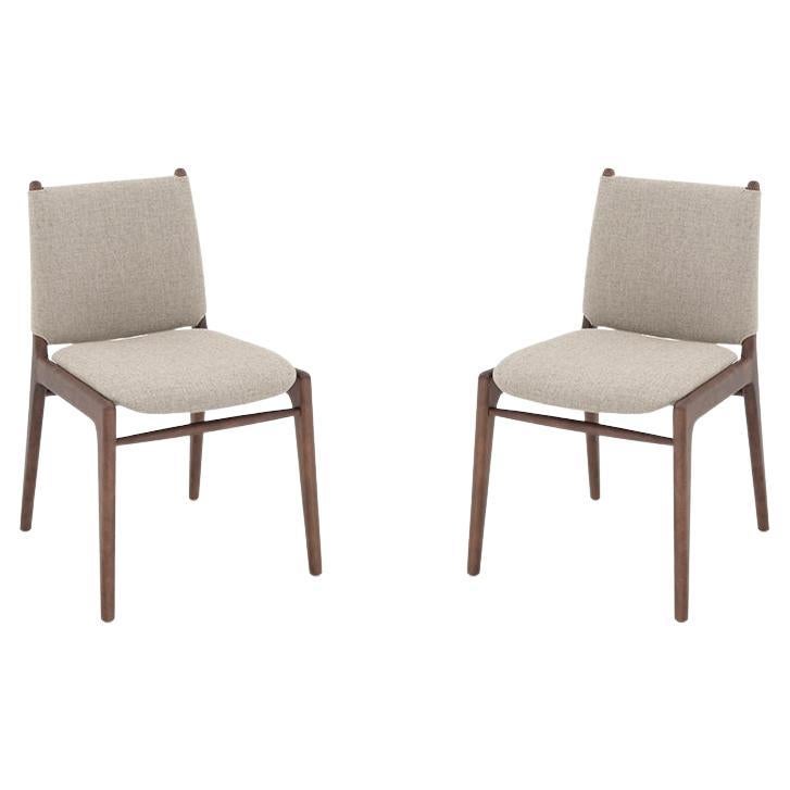 Cappio Dining Chair in Walnut Wood Finish with Beige Fabric, set of 2 For Sale