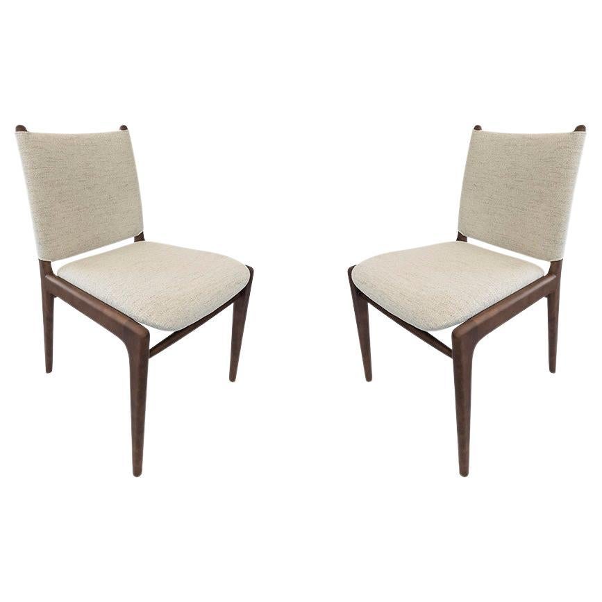 Cappio Dining Chair in Walnut Wood Finish with Light Beige Fabric, set of 2 For Sale
