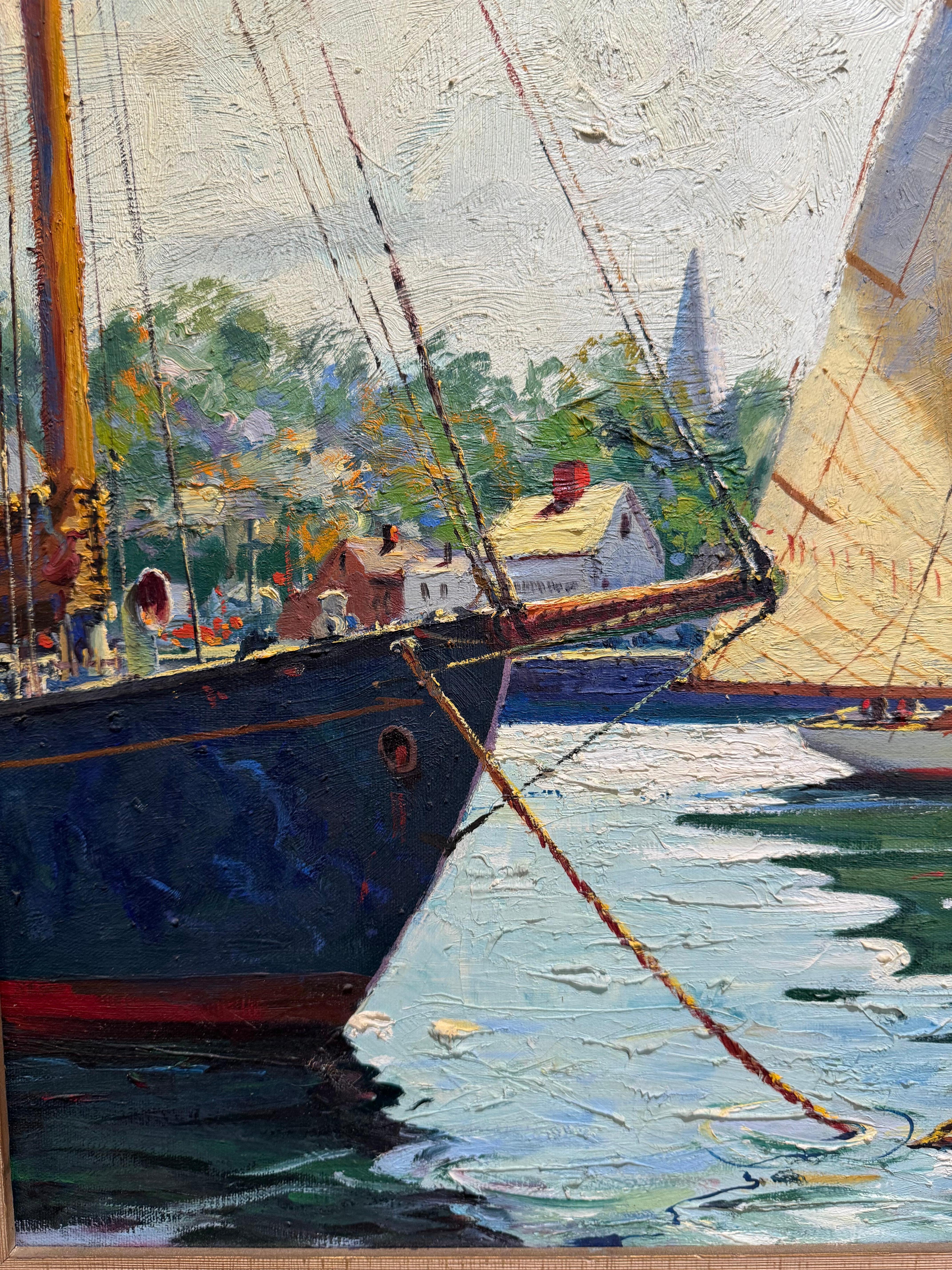 Grande dipinto impressionista fauvista GLOUCESTER Porto di barche a vela al molo in vendita 5
