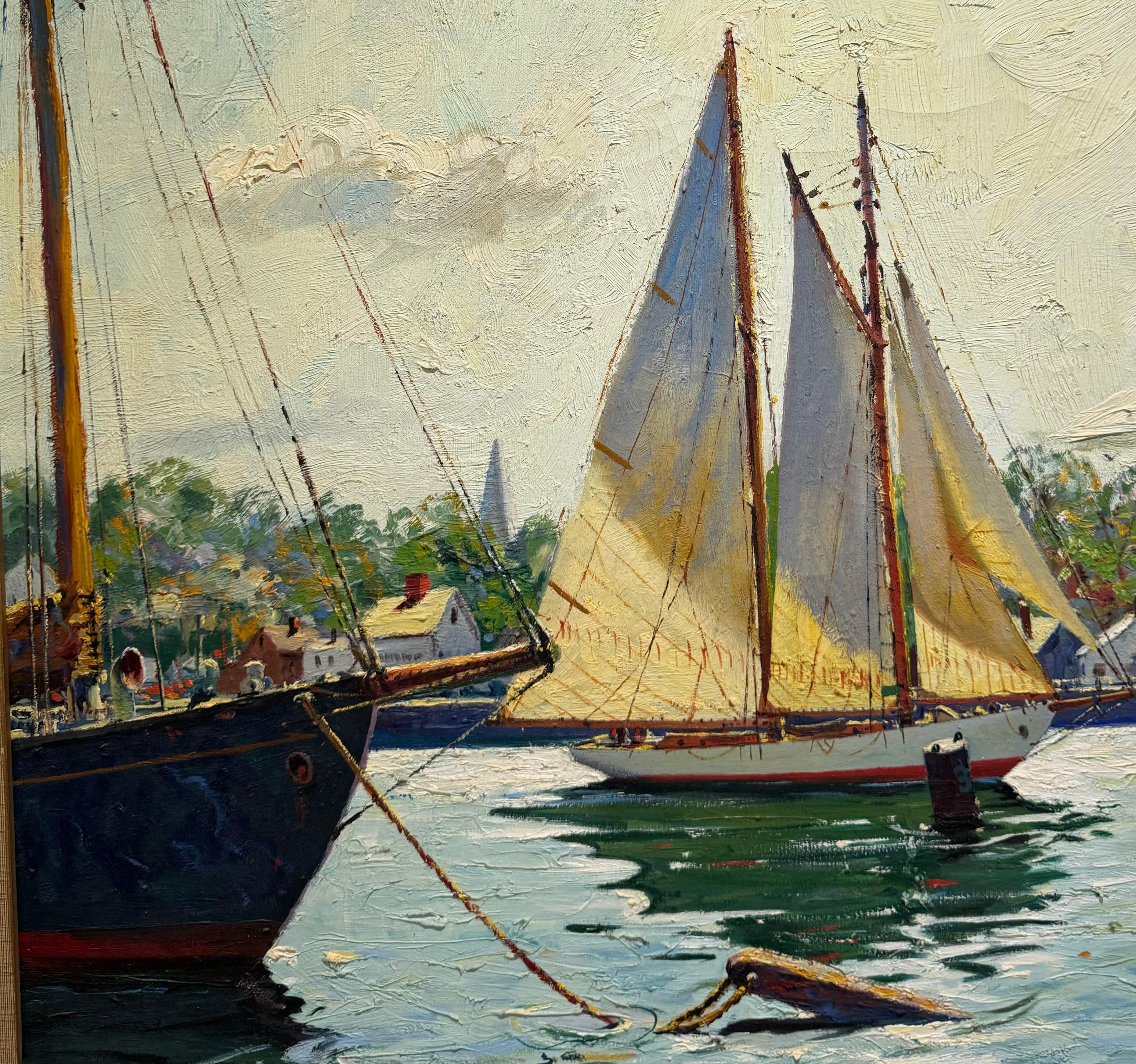 Grande dipinto impressionista fauvista GLOUCESTER Porto di barche a vela al molo - Landscape Painting Marrone di Cappy Amundsen