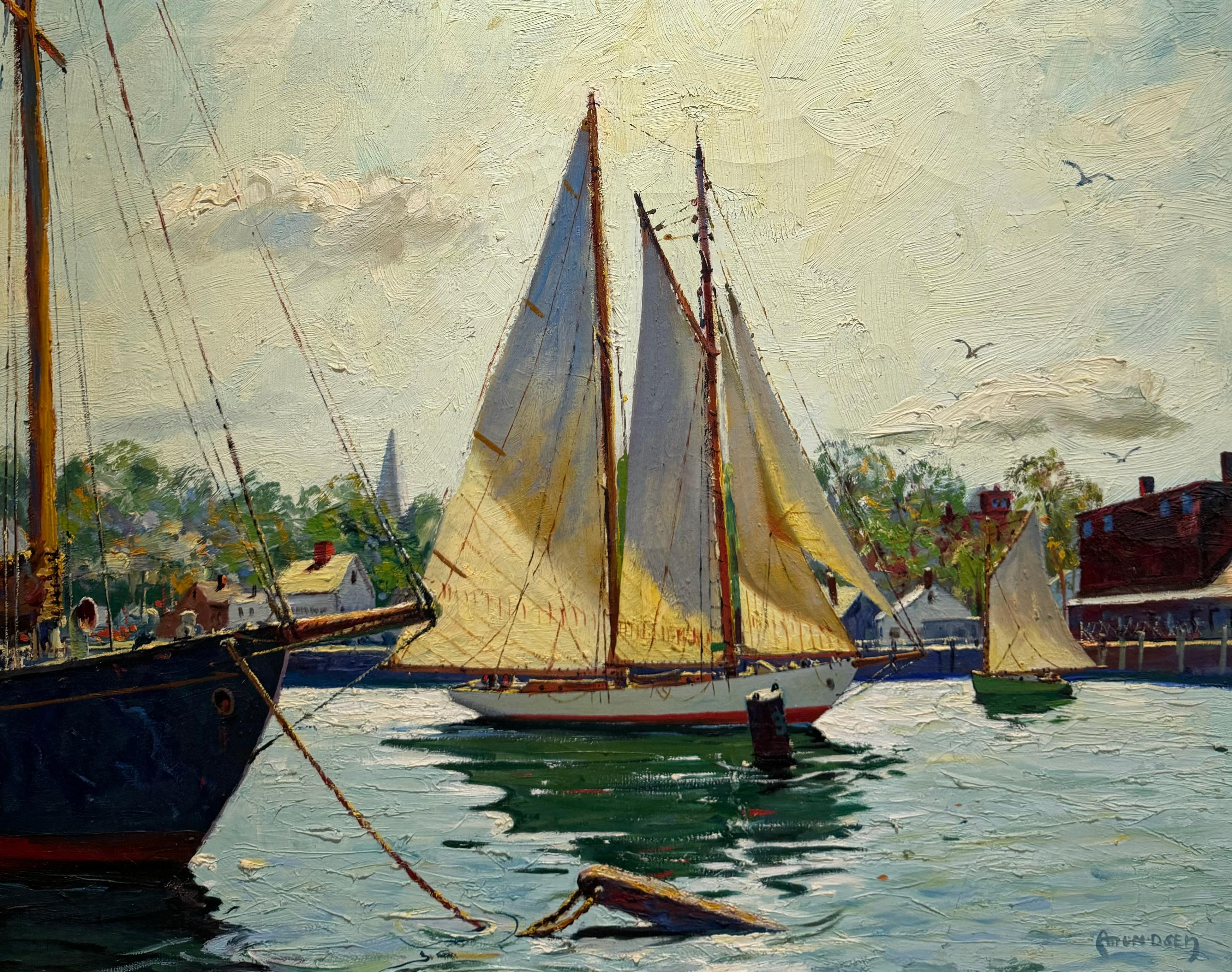 Grande dipinto impressionista fauvista GLOUCESTER Porto di barche a vela al molo in vendita 1